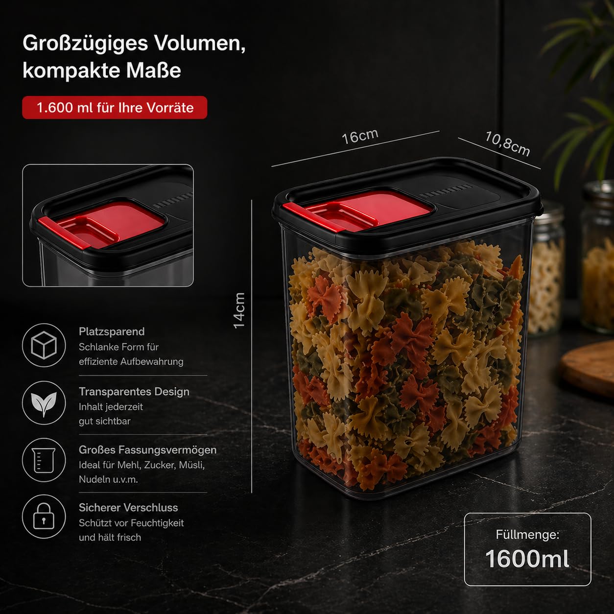 Set di 8 barattoli ermetici, senza BPA, 1600 ml, 14 x 16 x 10,8 cm, impilabili, da cucina, con coperchio trasparente, diverse misure