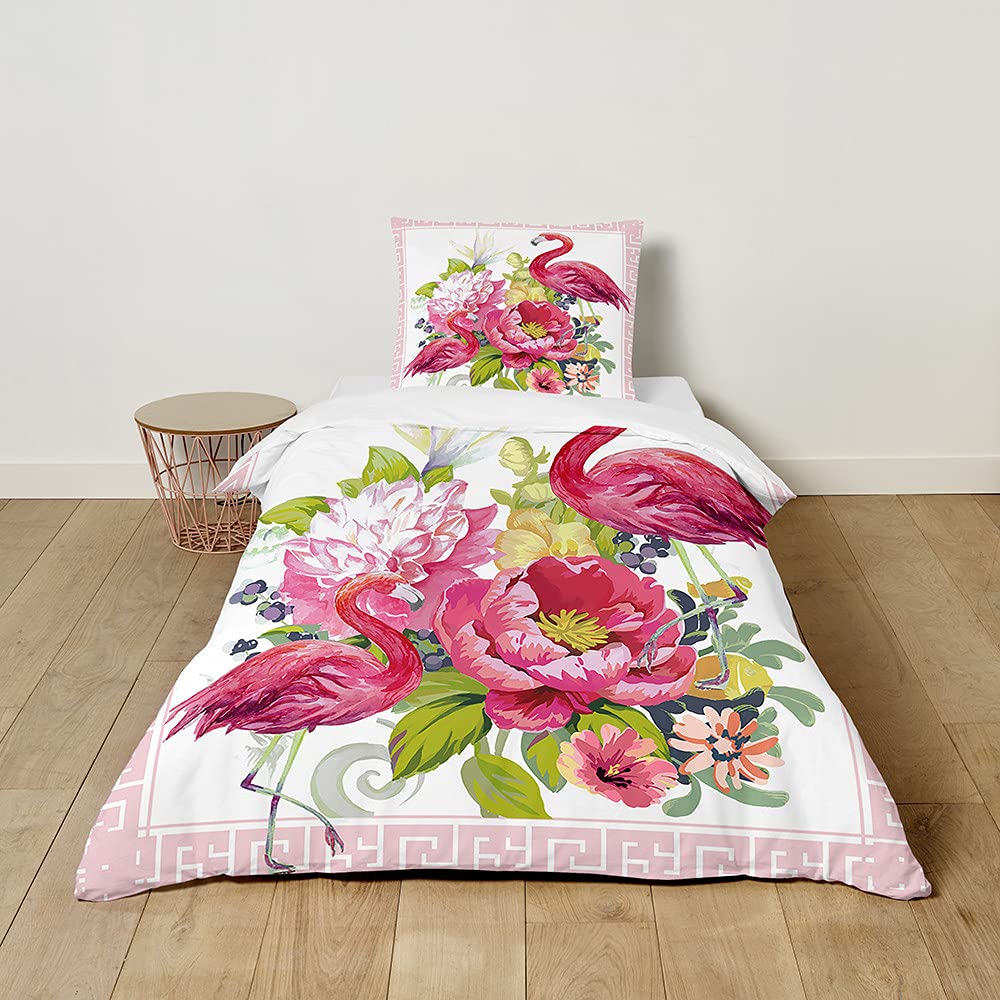 FANSU Duvet Cover 2 Piece Girls Pink Bedding Set, 3D Nordic Flamingo Print Childrens Kids Quilt Cover & Pillow Set for Nursery Toddler Cot Single Size Bed (Peony,100x135cm+40x60cm)