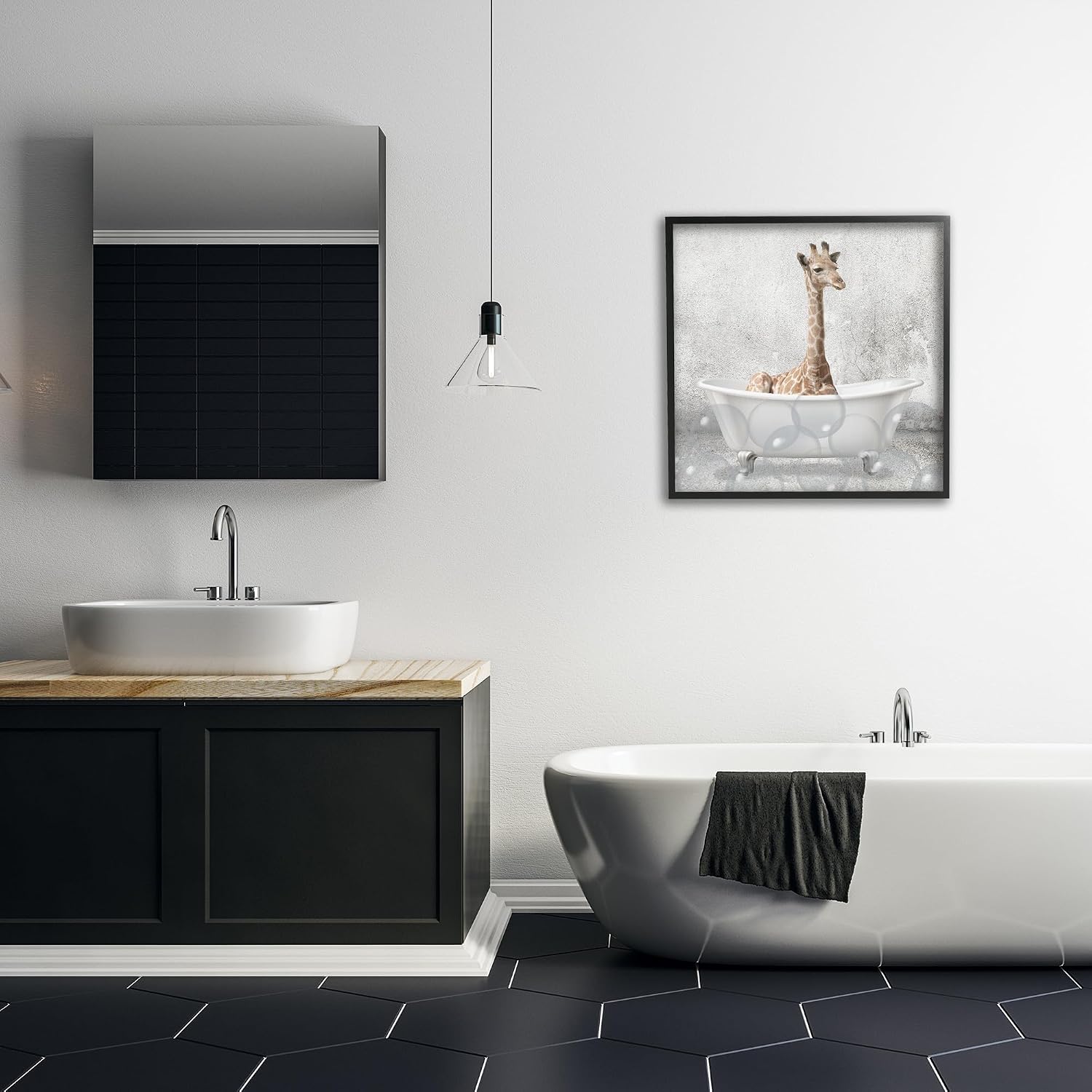 Stupell Industries 'Baby Giraffe Bath Time', Framed Giclee Art, Black, 24 x 24 Inches, Easy to Hang and Sturdy, Made in USA, by Kim Allen