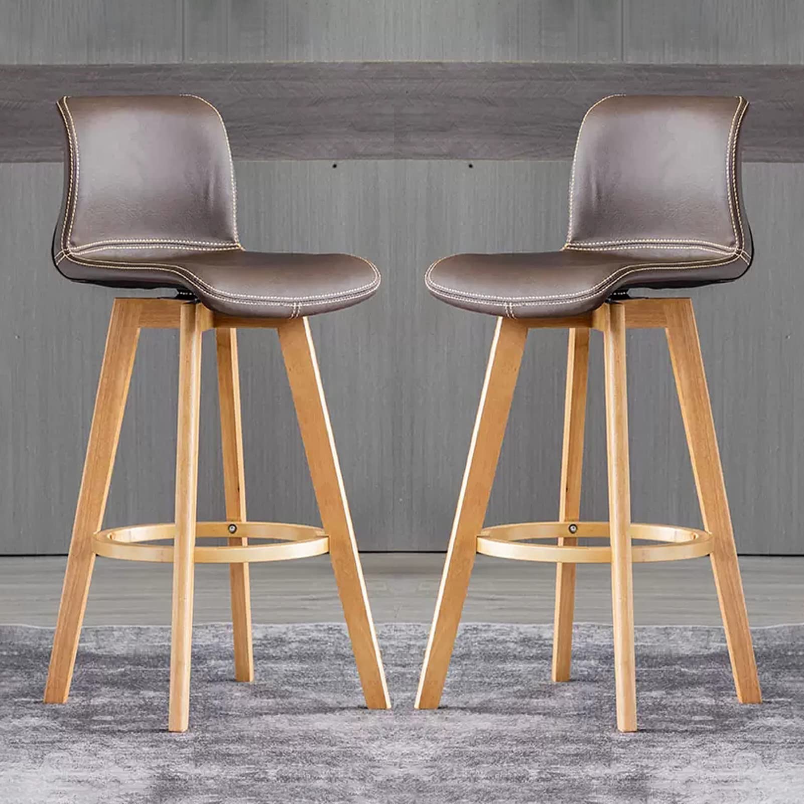 Modern Faux Leather Bar Stool Adjustable Swivel Counter Height Bar Stool with Wooden Legs Stylish Bar Stools for Kitchen Island & Breakfast Bar Dining Room Furniture Khaki(Dark Brown-High:61CM)