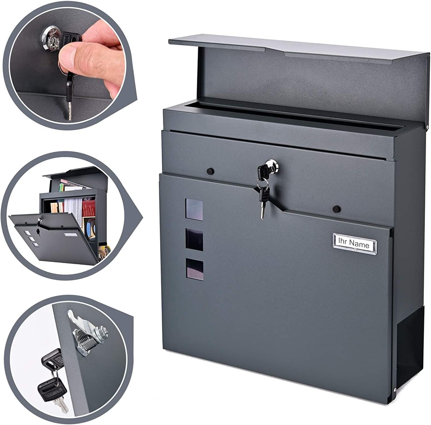 Verda Briefkasten Anthrazit mit Zeitungsfach, AkzoNobel Powder Coatings Lackierung, 2X Schlüsseln, Namensschild, personalisiert Briefkasten, Designer Wandbriefkasten, Edehlstahl SN3678-1