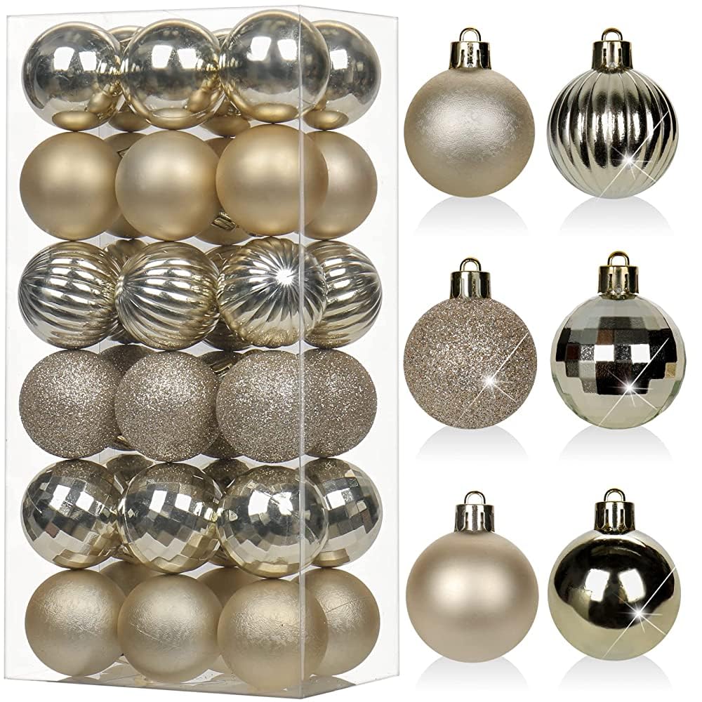 Oairse 36 pcs 4cm Champagne Christmas Baubles Mini Shatterproof Tree Ornaments with Hanging Strings, Small Christmas Tree Decorations Set for Wedding Holiday Party Wreath Xmas Halloween Home Decor