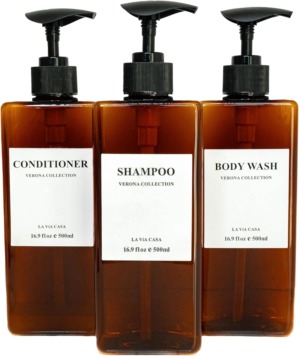 Shampoo and Conditioner Dispenser | 3 Plastic Amber | Shampoo Dispenser with Waterproof Labels | Shower Bottles Refillable with Pump (Without Wall Mount)