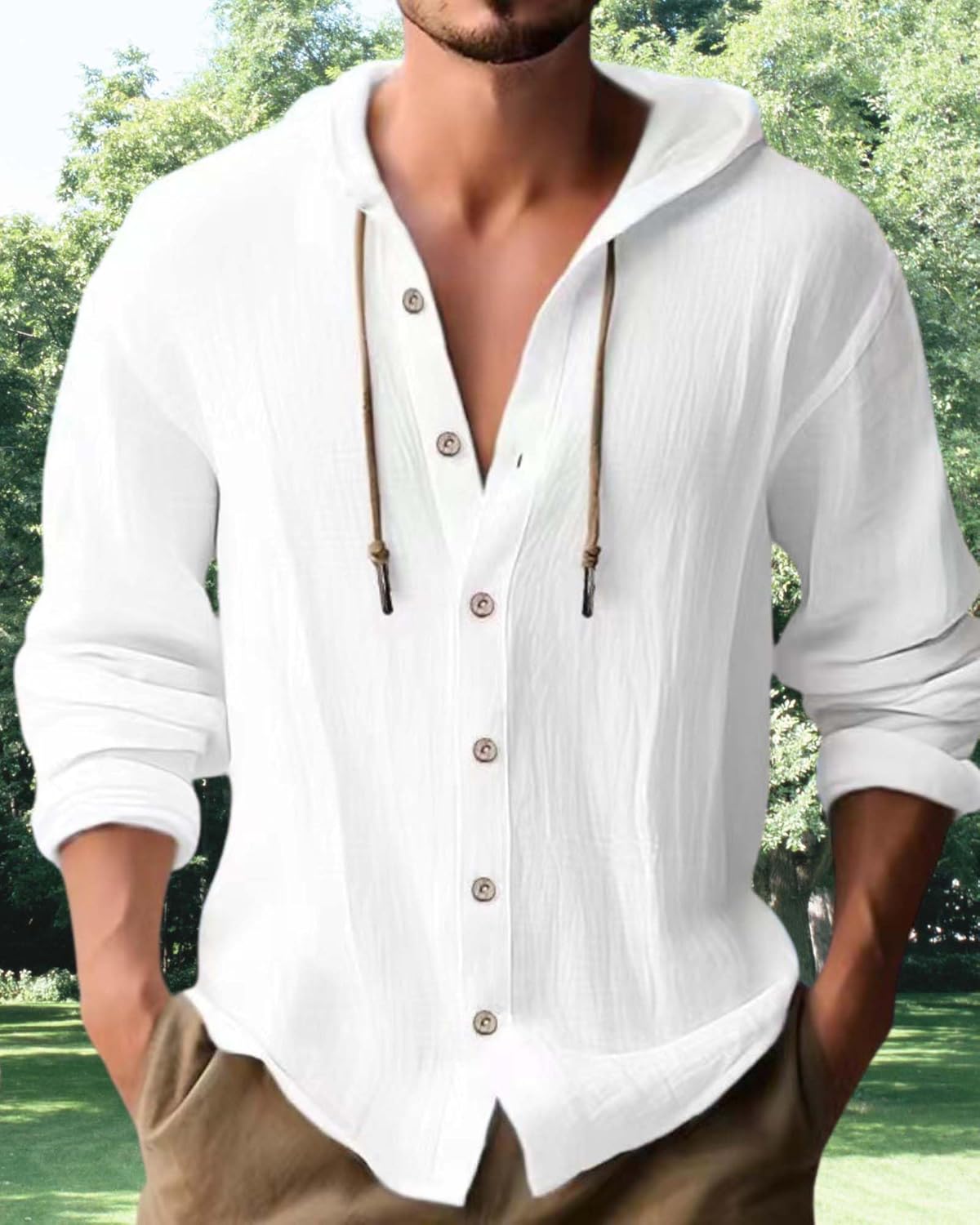 Cotton Linen Hoodie for Men Summer Casual Long Sleeve Button Down Hawaiian Beach Shirt Tops with Hood - Image 4