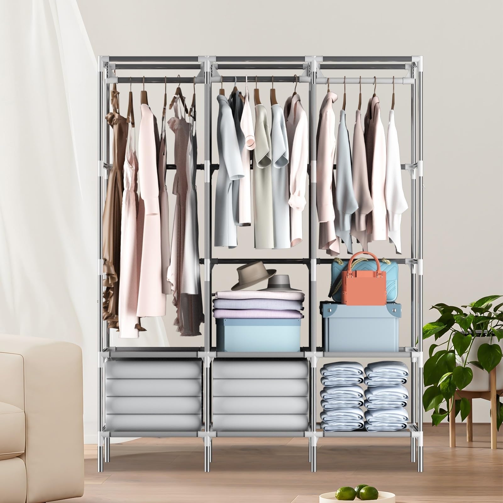 Armadio In Tessuto Guardaroba in tela, portatile, pop-up, in tessuto versatile con 3 aree di stoccaggio e aste appendiabiti, 8 borse laterali(Grey)