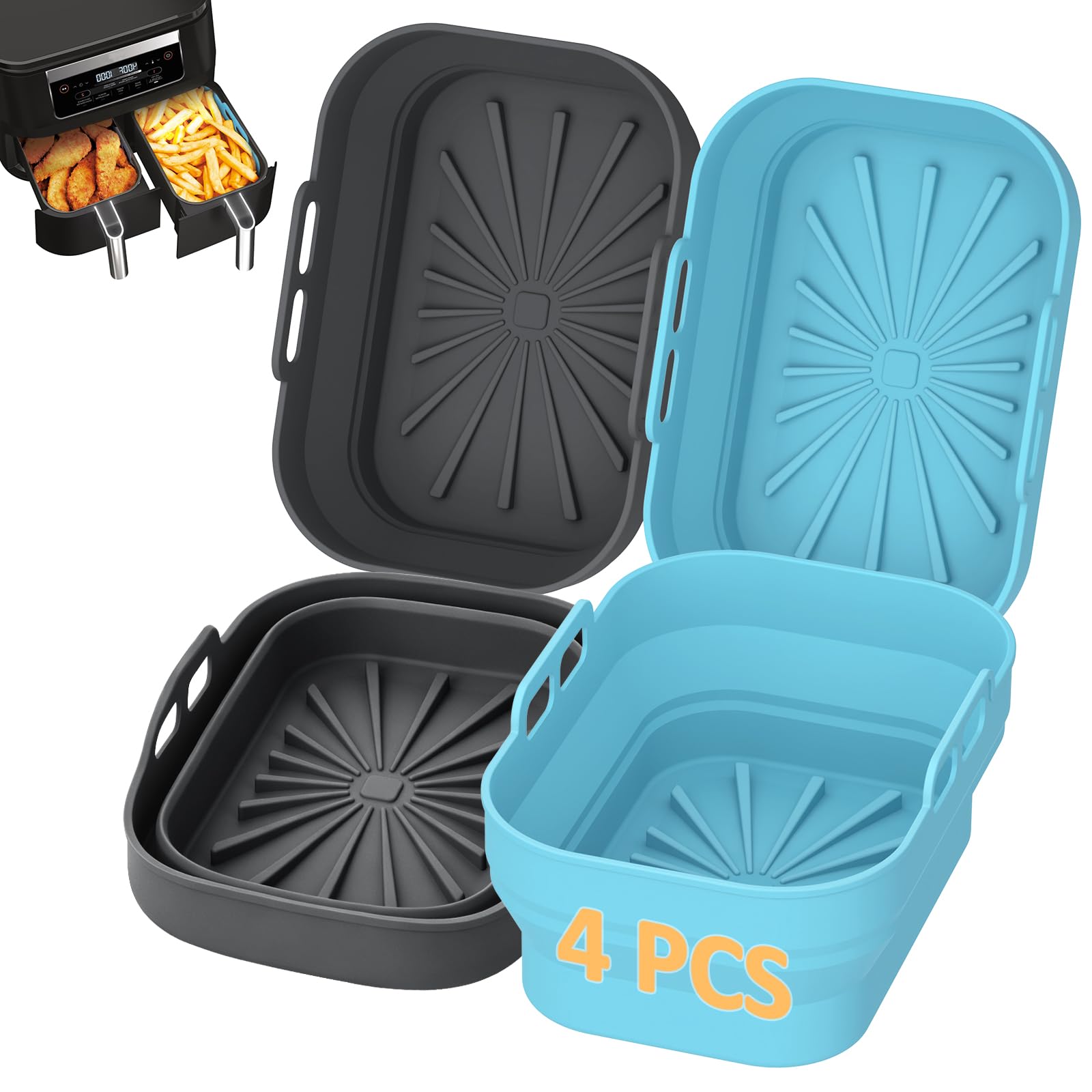 4 Stück Silikoneinsätze für Heißluftfritteuse, 21 x 15 x 8 cm, rechteckige Silikonformen für Dual-Zone-Airfryer 7,6–9,5 L, wiederverwendbar, antihaft, spülmaschinenfest (Dunkelgrau & Himmelblau)
