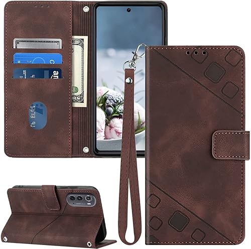 Funda compatible con Motorola Edge 2022, ranuras para tarjetero, correa de muñeca, función atril, funda protectora interior de TPU para teléfono