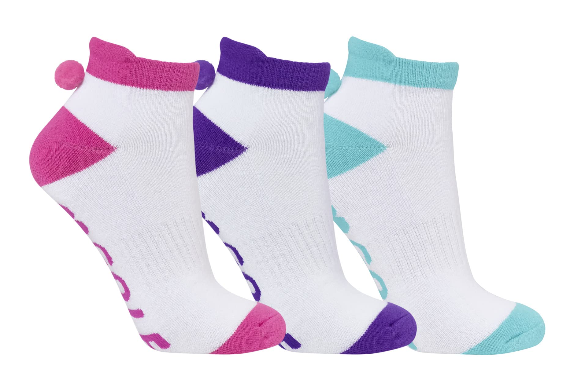 Surprizeshop Women's Multi Plain Golf Socks (3 Pack) | Pom Pom | Cushioned Sole | Extended Tab At Rear | One Size Uk 4-7 | Compression Fit For Support & Comfort | Golf Socks (Multi Plain)
