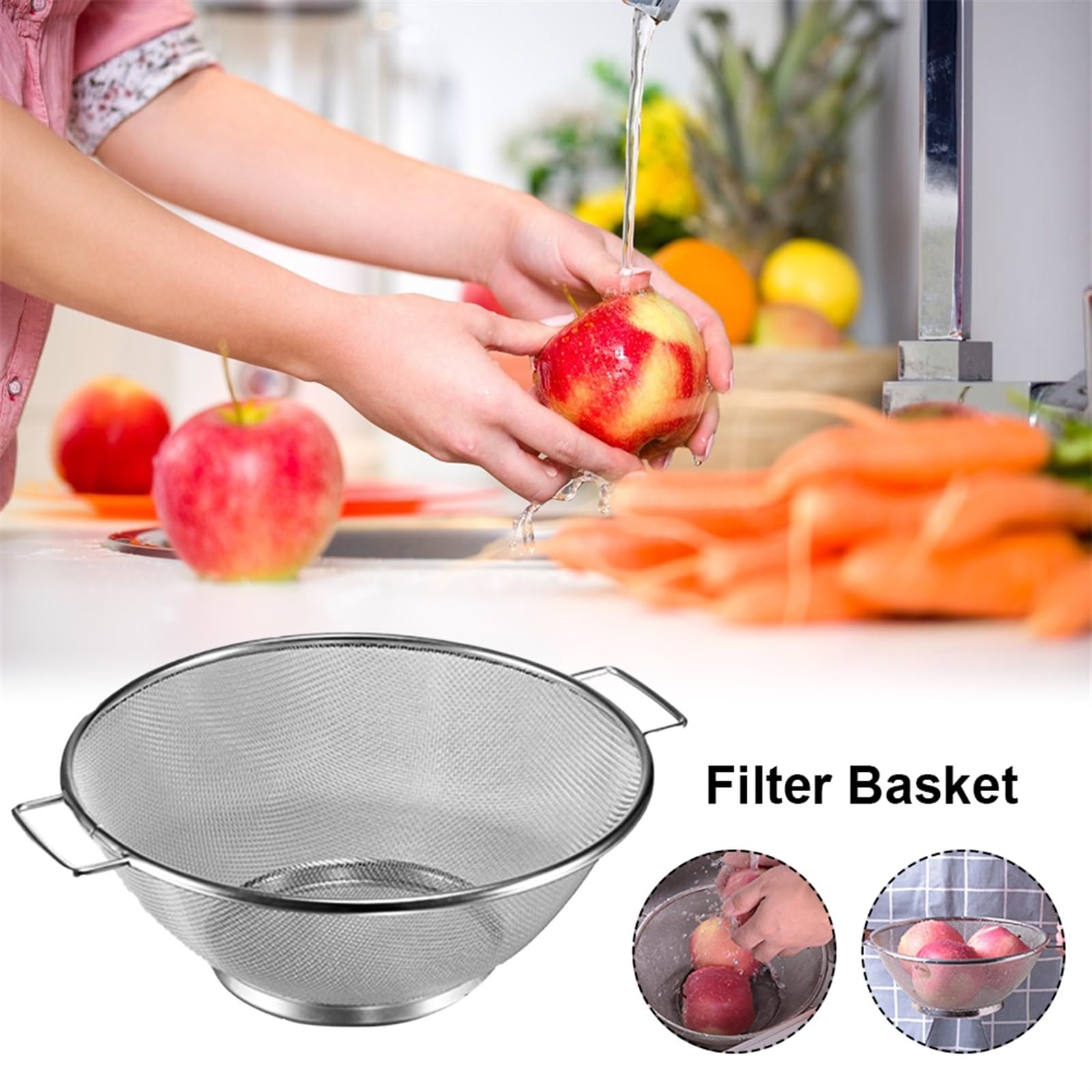 Tamiz de harina Profesional Inoxidable con Mango Malla Fina for Verduras casa, colador Acero Antideslizante Multiusos