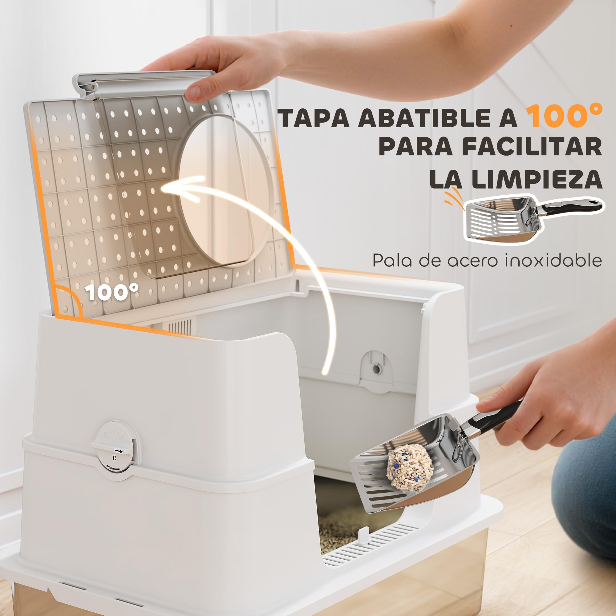 PawHut Arenero para Gatos Acero Inoxidable XL Gatos Grandes Gris Claro | Caja de Arena, Arenero con Tapa Abatible, Laterales Altos, Entrada Superior, Pala, sin Olores, Fácil de Limpiar, Antifugas
