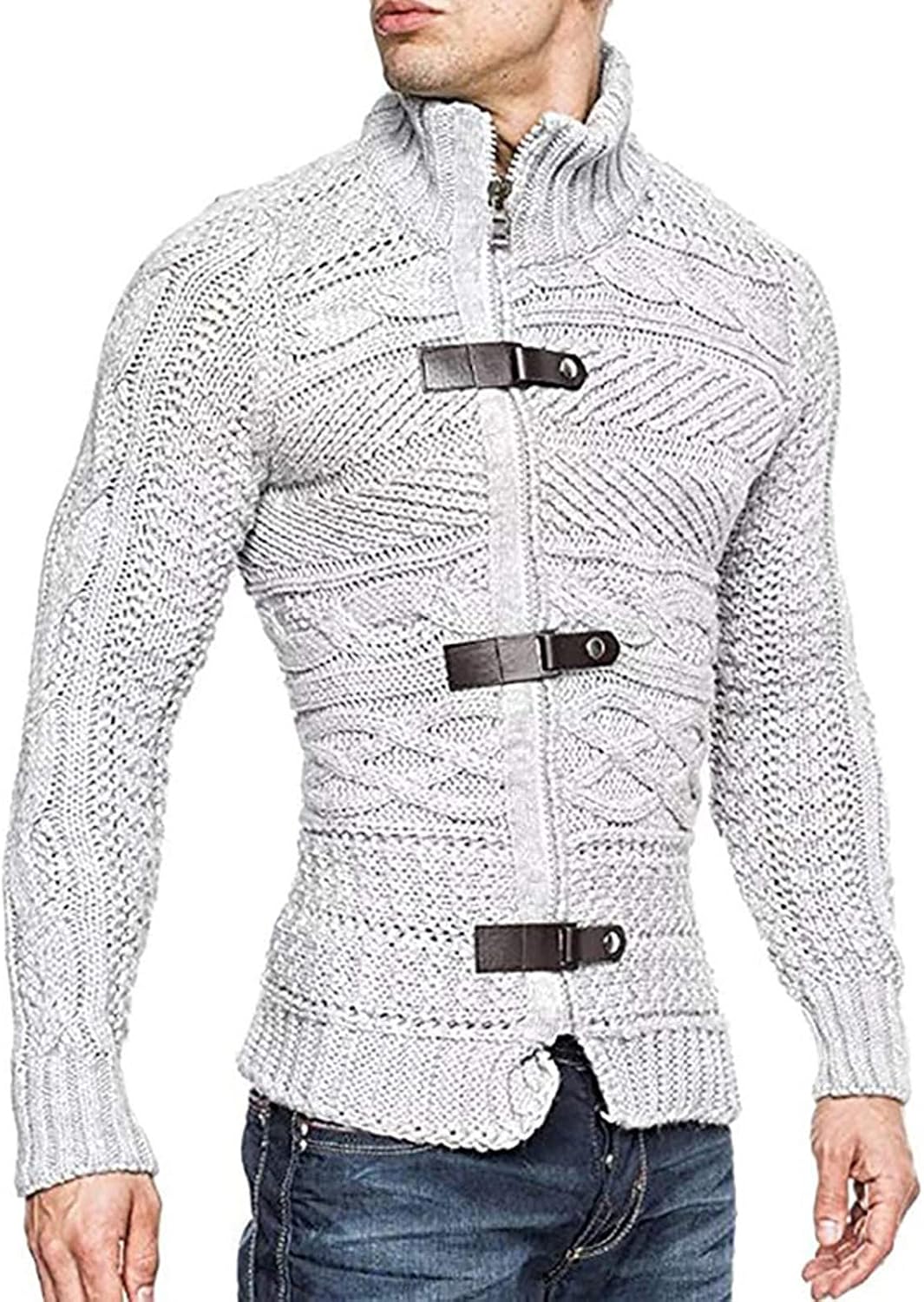 Ymosrh Men's Novelty Cardigan Sweater, Long Sleeve Open Front Mock Neck Fall Winter Warm Thermal Sweaters, M-3XL