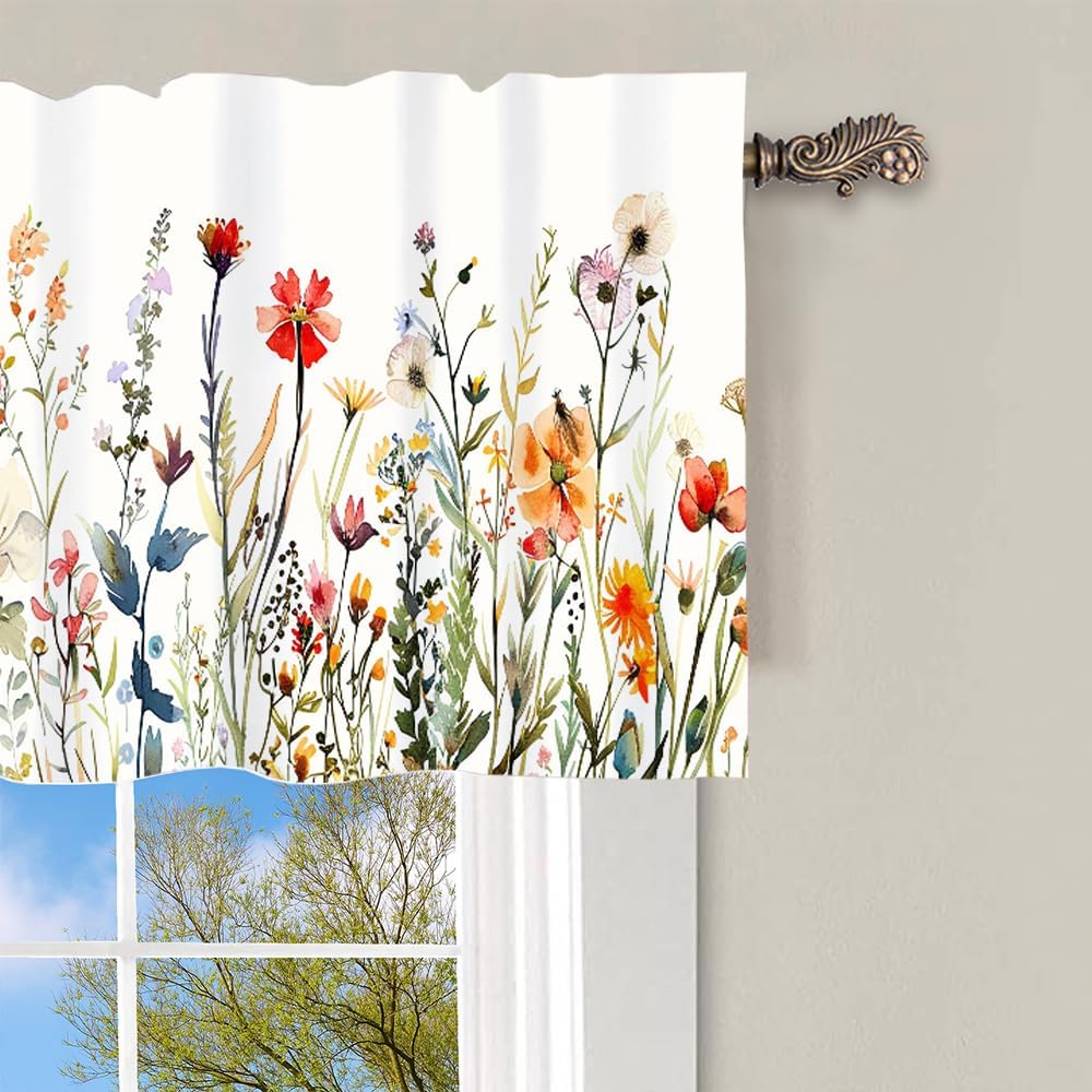 Watercolor Floral Valances for Kitchen Windows, Rustic Color Plants Spring Blossom Boho Curtains Decorative Rod Pocket Short Valance Curtains for Bathroom, Bedroom, 2 Panel 54x18in
