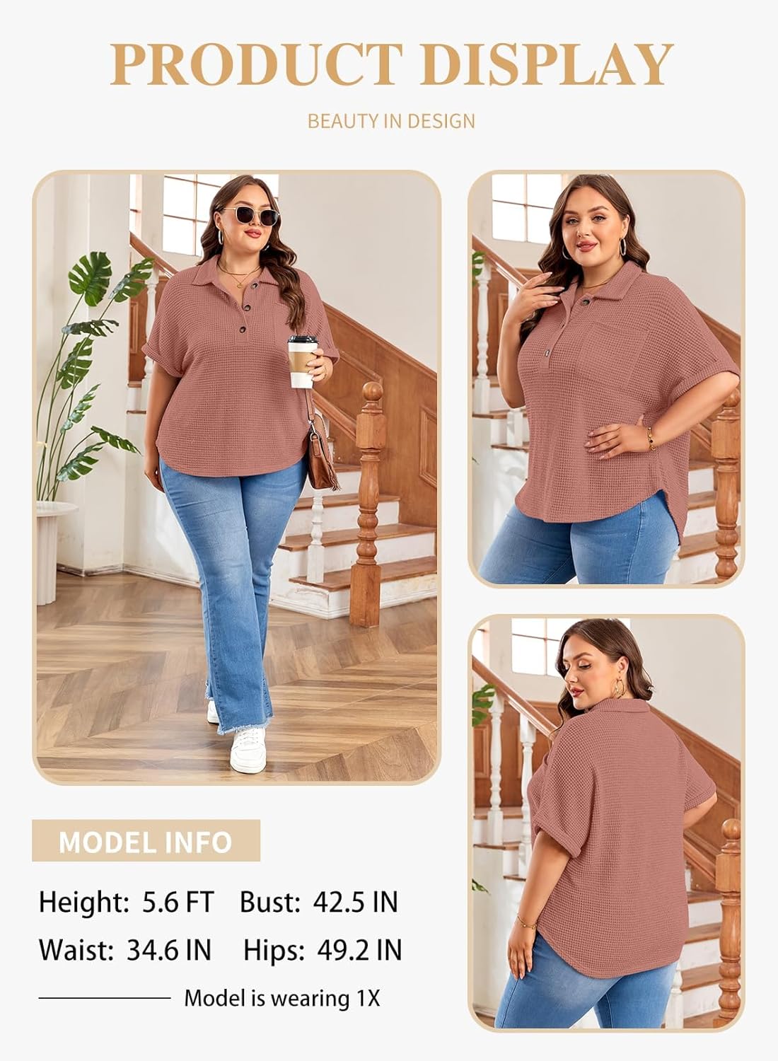 Eytino Plus Size Button Down Shirts for Women Casual Waffle Knit Tops Short Sleeve V Neck Dreesy Blouse Tunic(1X-5X) - Image 3