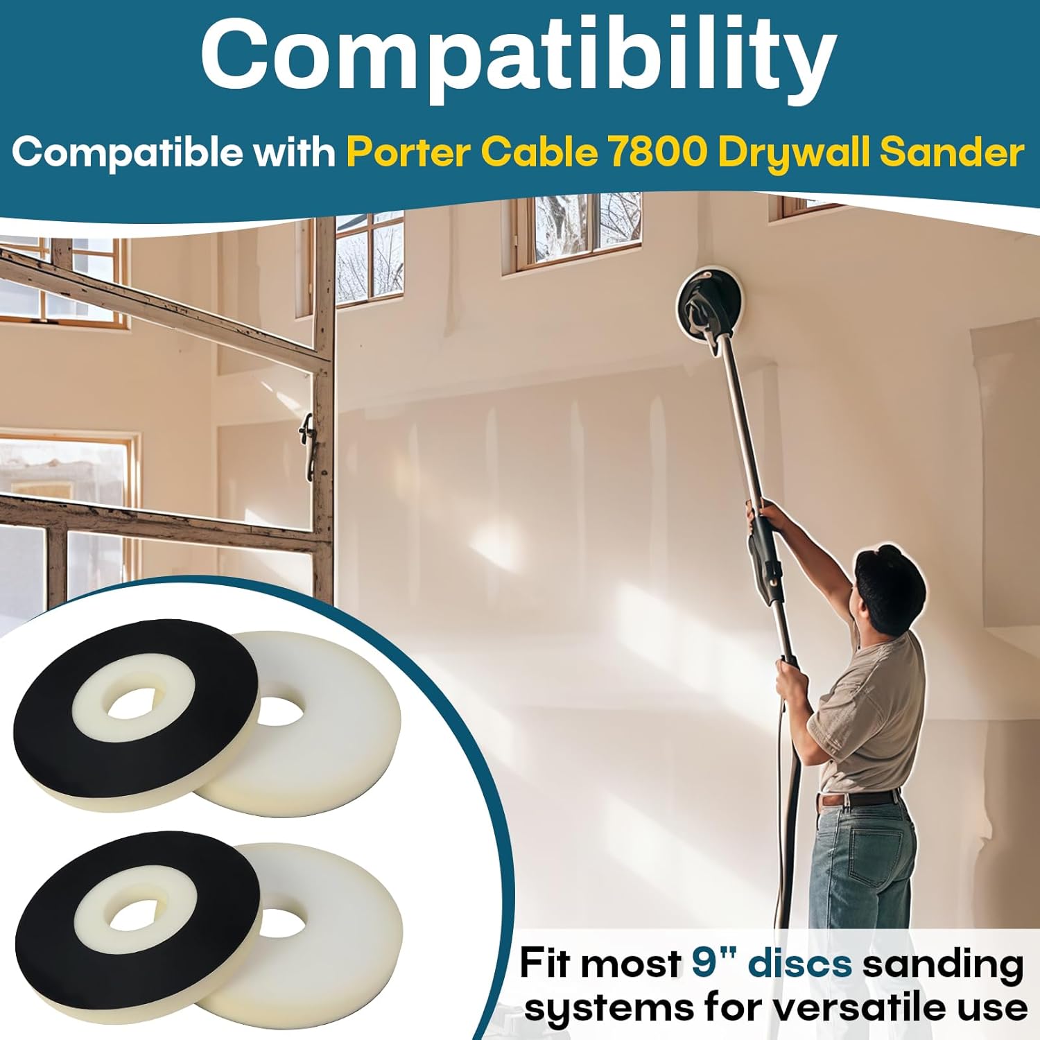 4-Pack 9" Discs Sanding Backup Pads Compatible with Porter Cable 7800 Drywall Sander, Fits Most 9" Discs Sanding Tools, Foam Backed for Durability and Reusable Disc Use
