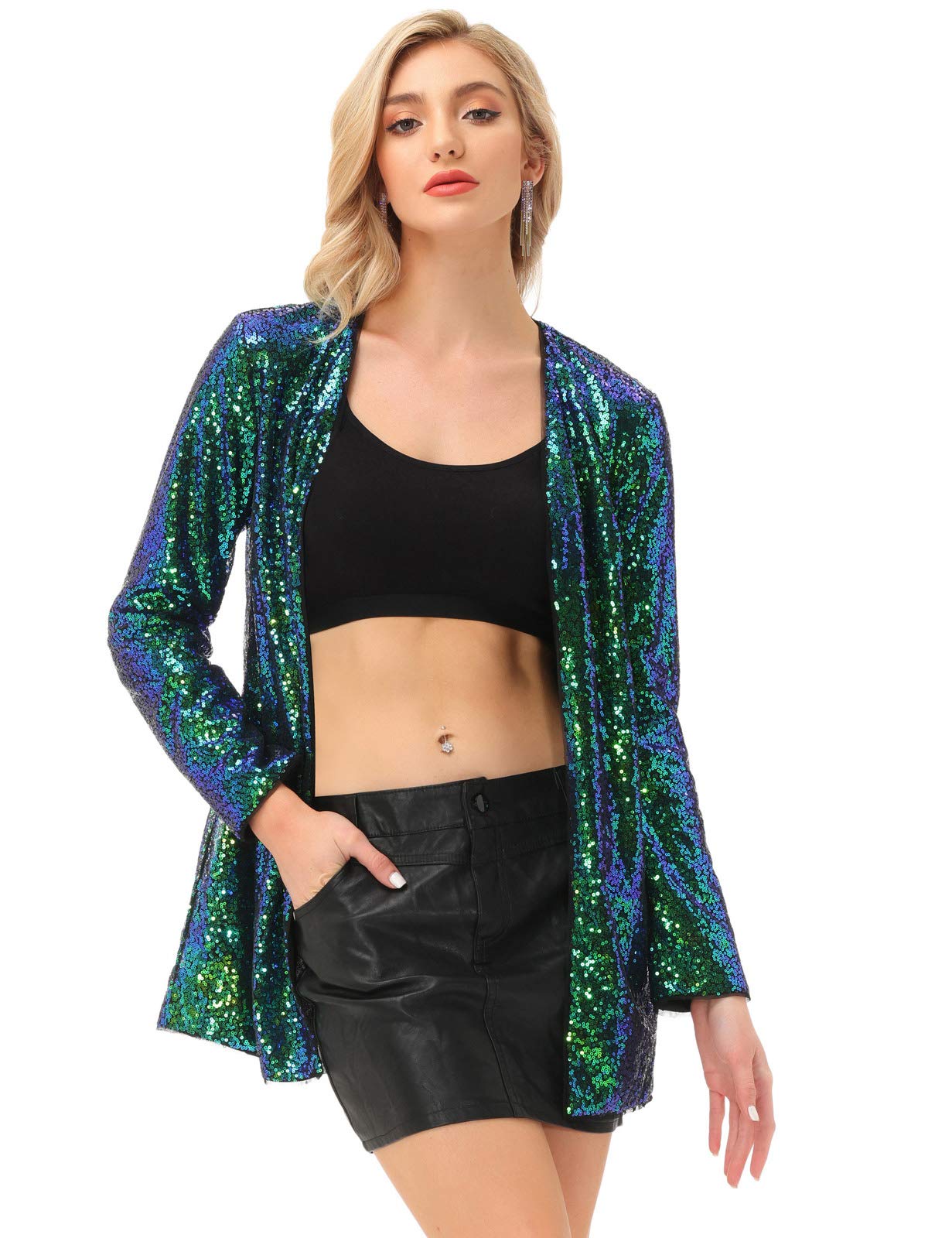 KANCY KOLEWomen's Sequin Jacket Open Front Blazer Casual Long Sleeve Cardigan Coat S-XXL