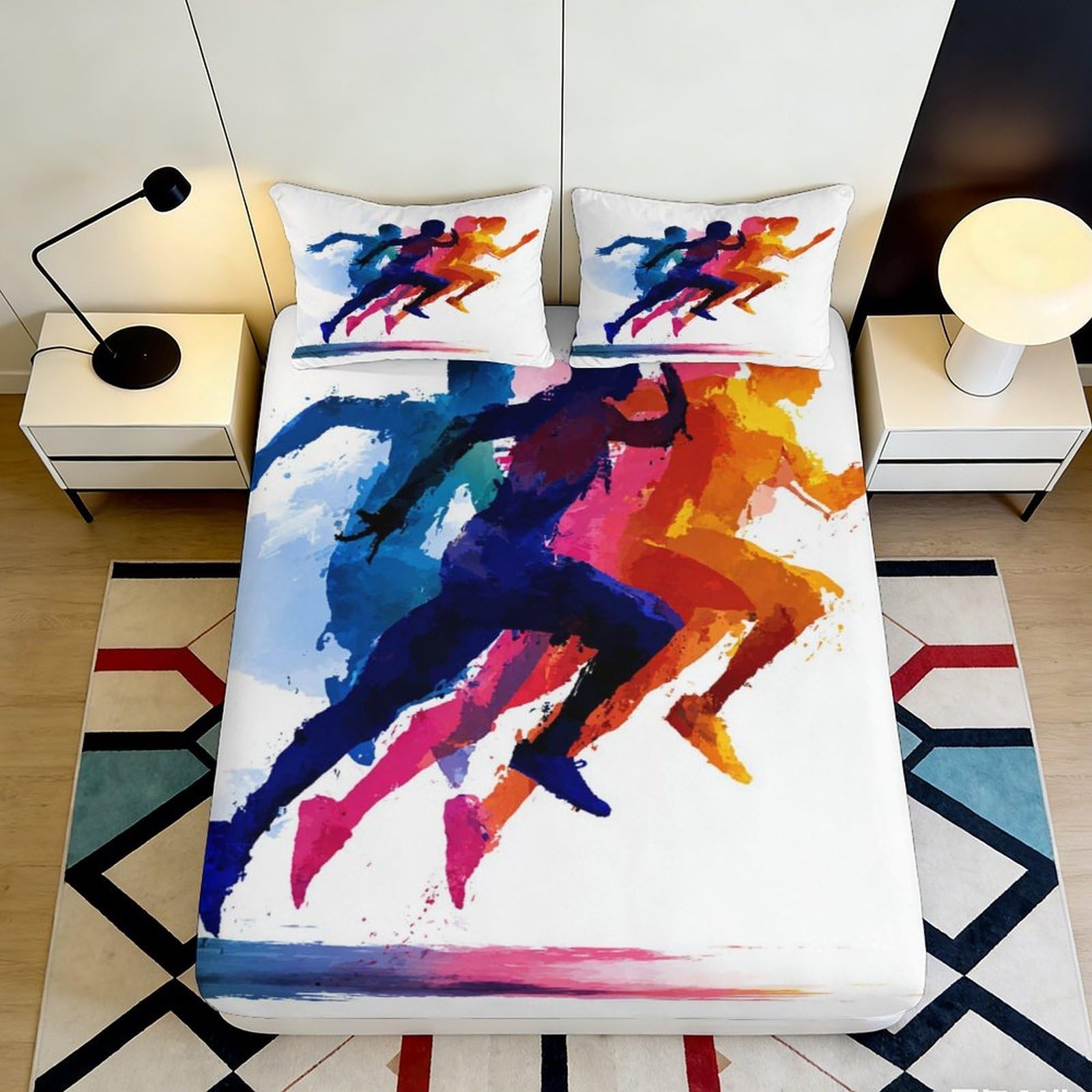 3D Printed Colorful Runner Fitted Sheet Microfiber Soft Athletic Silhouette Bed Cover for Bedroom Dorm Mattress Protection Decor 90x200x25cm