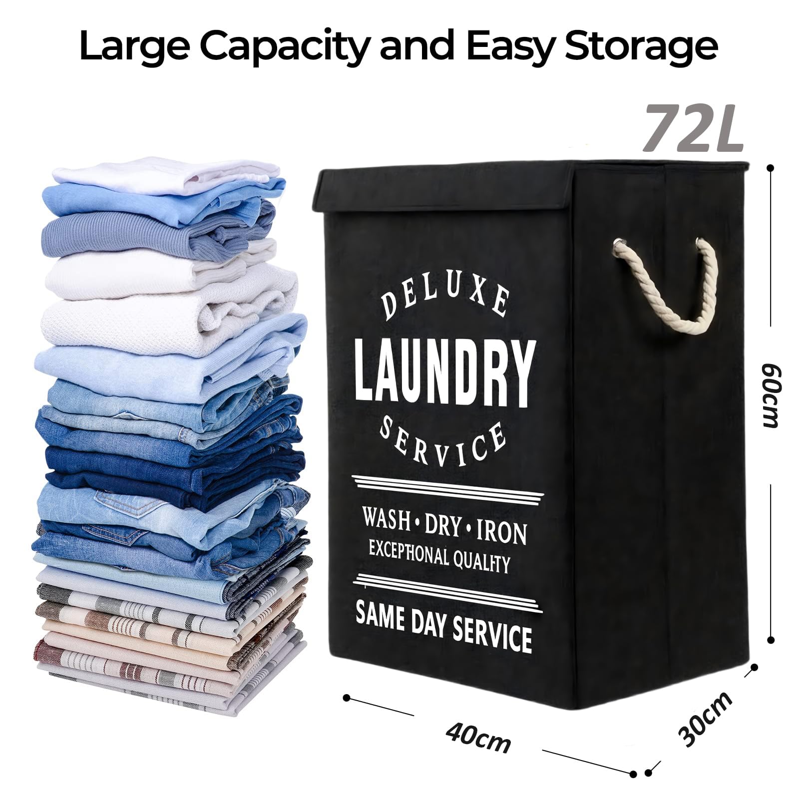 72L Laundry Basket with Lid,Black Large Collapsible Laundry Hamper with Handles,Dirty Clothes Hamper for Dirty Clothes,Bedroom,Bathroom,Laundry Room,Dorm - Image 2