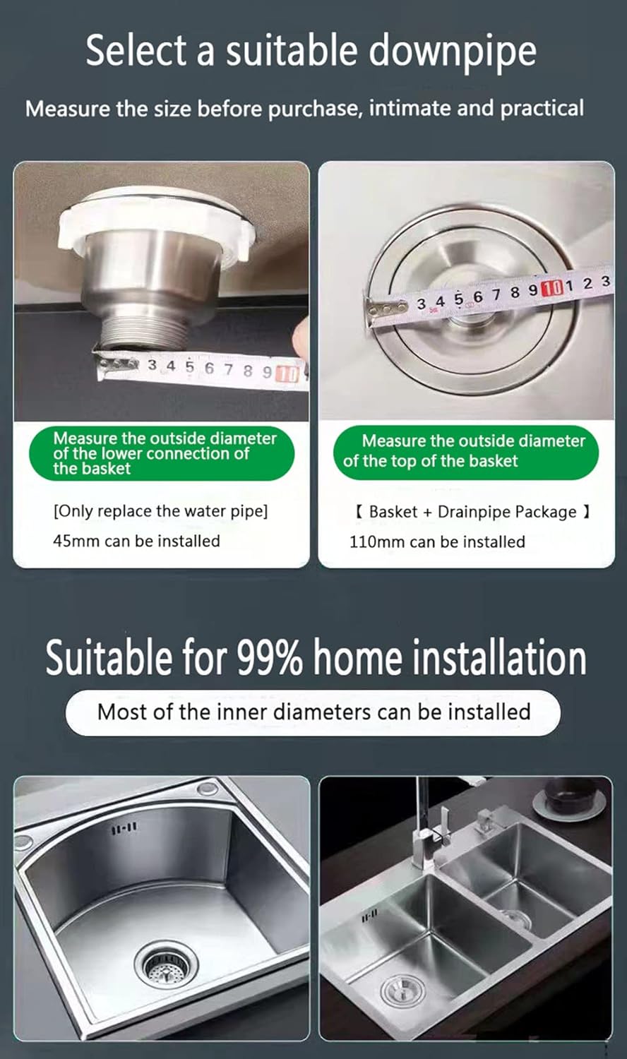 Kitchen Double Sink Downpipe Fittings, Stainless Steel Sink Sink Set Drainer, Stainless Steel Sink Set, Kitchen Sewer Drain Pipe for Kitchen, Bathroom, Washroom