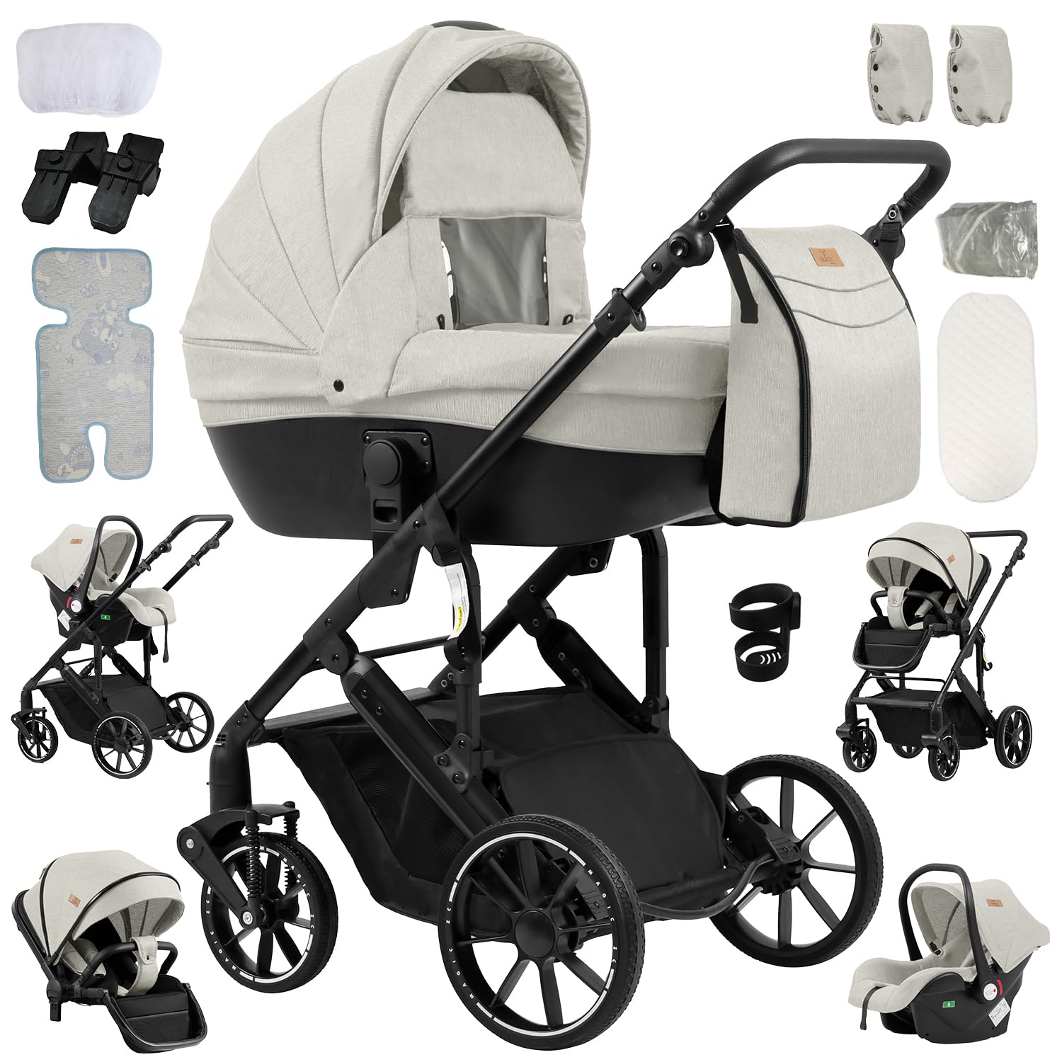 Reenborn Passeggino 4 in 1, Passeggino Trio con Due Modi Reversibili Spingere, Trio con Telaio Alluminio Paesaggistico Alto, Trio Neonati con Design Pieghevole in Un Clic (688 Yellowish)