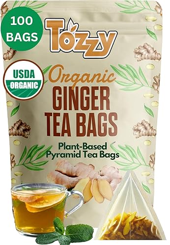 Tozzy Té de jengibre orgánico - 100 bolsas Digestión saludable Bolsas de té piramidales a base de plantas Respetuoso con el medio ambiente