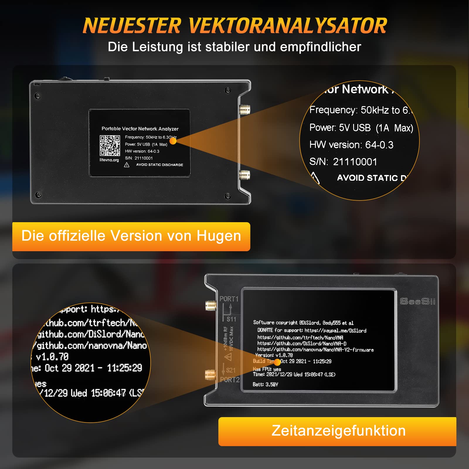 Seesii LiteVNA Vektor Netzwerk Analysator, Verbesserter 4 Zoll Antennen Analysator 50kHz-6,3GHz mit MicroSD-Steckplatz, Messung Smith Chart S Parameter HF VHF UHF SWR Phase Delay