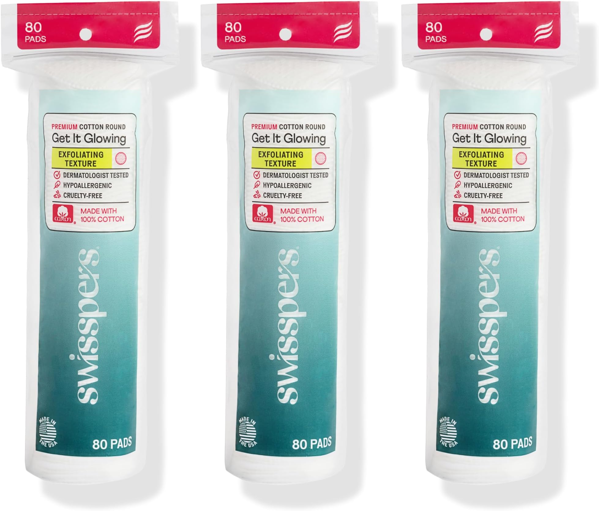 Swisspers Premium Exfoliating Cotton Rounds, 2 Distinct Raised Textured Surface, Facial Pads, 80 Count Re-Closable Bags, 3-Pack (240 Count Total)