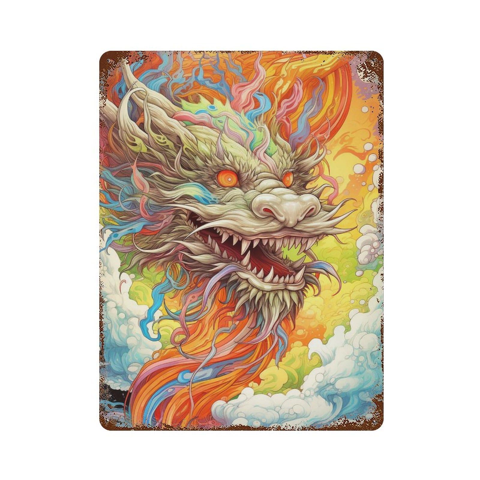 Colorful Dragon Illustration-8 Weathered Tin Sign 15.7"x11.8", Farmhouse Wall Decor for Garage, Pub Or Kitchen