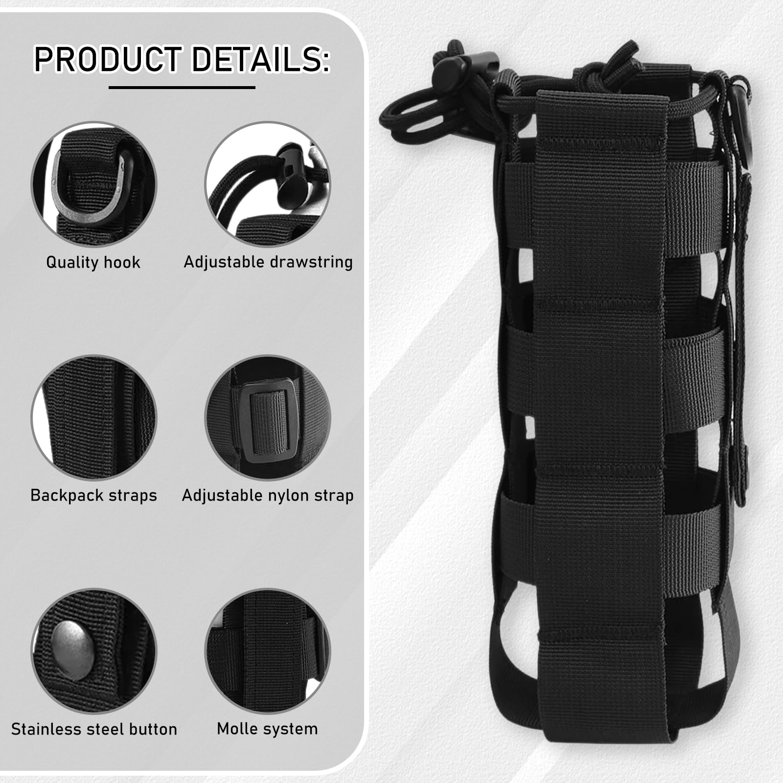 Colexy Bolsa táctica para Botellas de Agua, Ajustable Mochila Jaula para Botella de Agua, Material de Nylon con cordón, Adecuado para Correr, Senderismo,Ciclismo,Camping (Negro)
