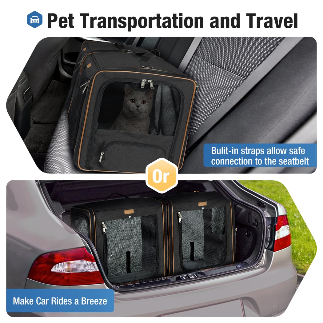 Lekeinchi 2-in-1 Hundebox Transportbox Katze für Mittelgroßes Haustier, Faltbare Katzentransportbox mit Starker Faserrahmen, Katzentoilette, 2 Schalen, 2 Haustiermatte, Groß, Schwarz（XL）