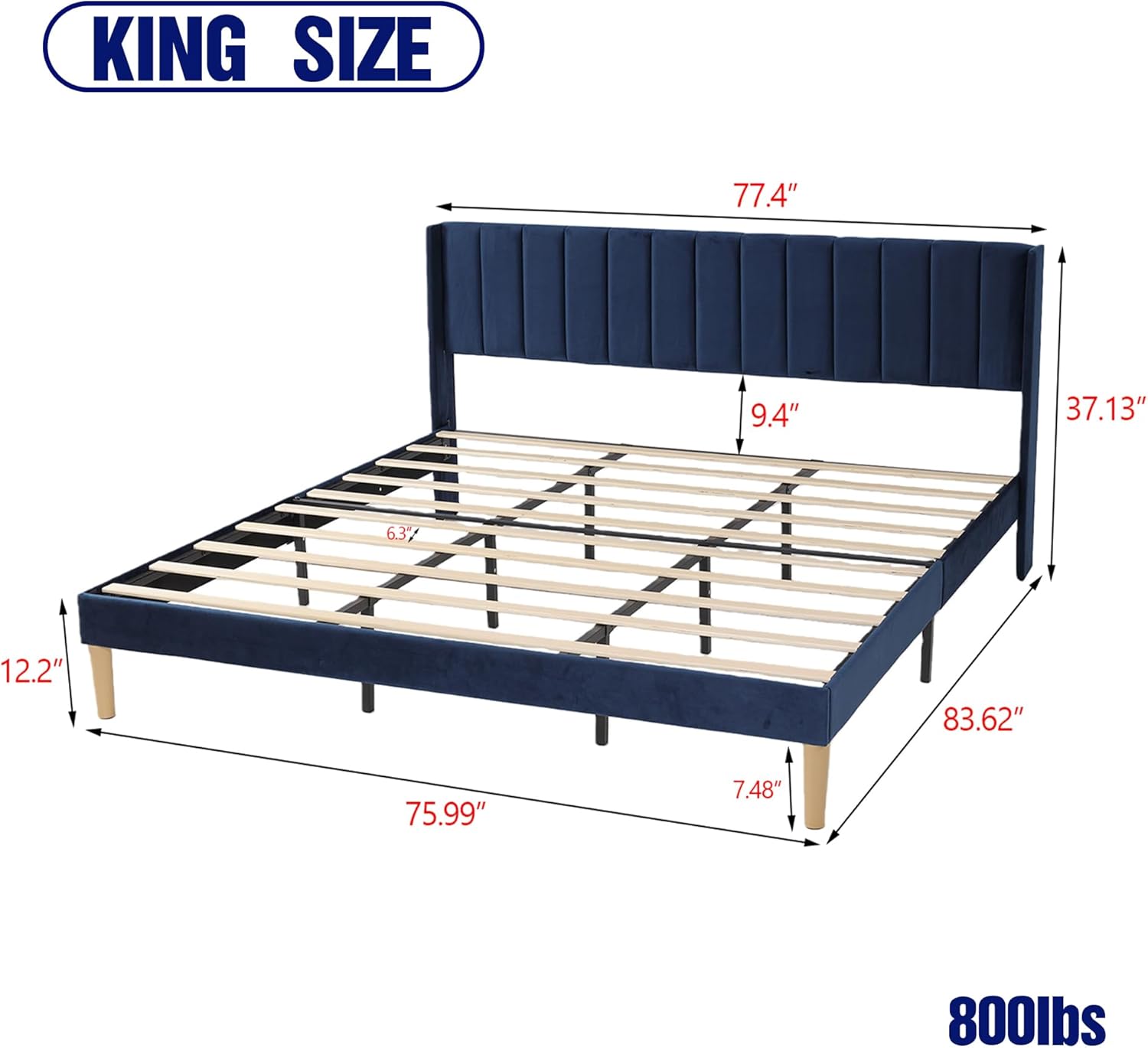 Upholstered Platform King Size Bed Frame with Headboard Wooden Slats Support No Noise Easy Assembly Blue Velvet