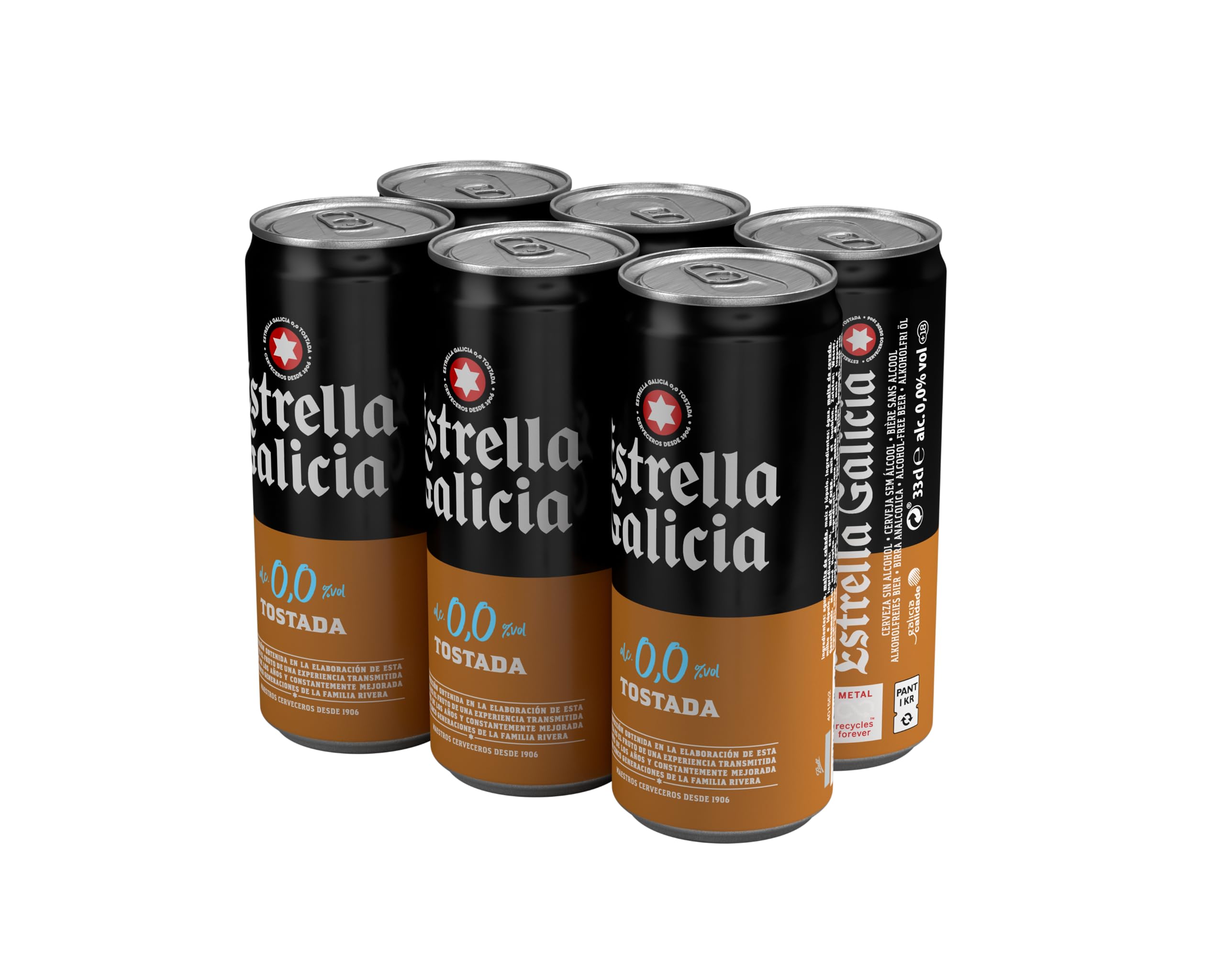 Estrella Galicia 0,0 Tostada - Cerveza Lager sin Alcohol, Pack de 24 Latas x 33 cl, Sabor y Aroma Tostado y Equilibrado, 0% Volumen de Alcohol