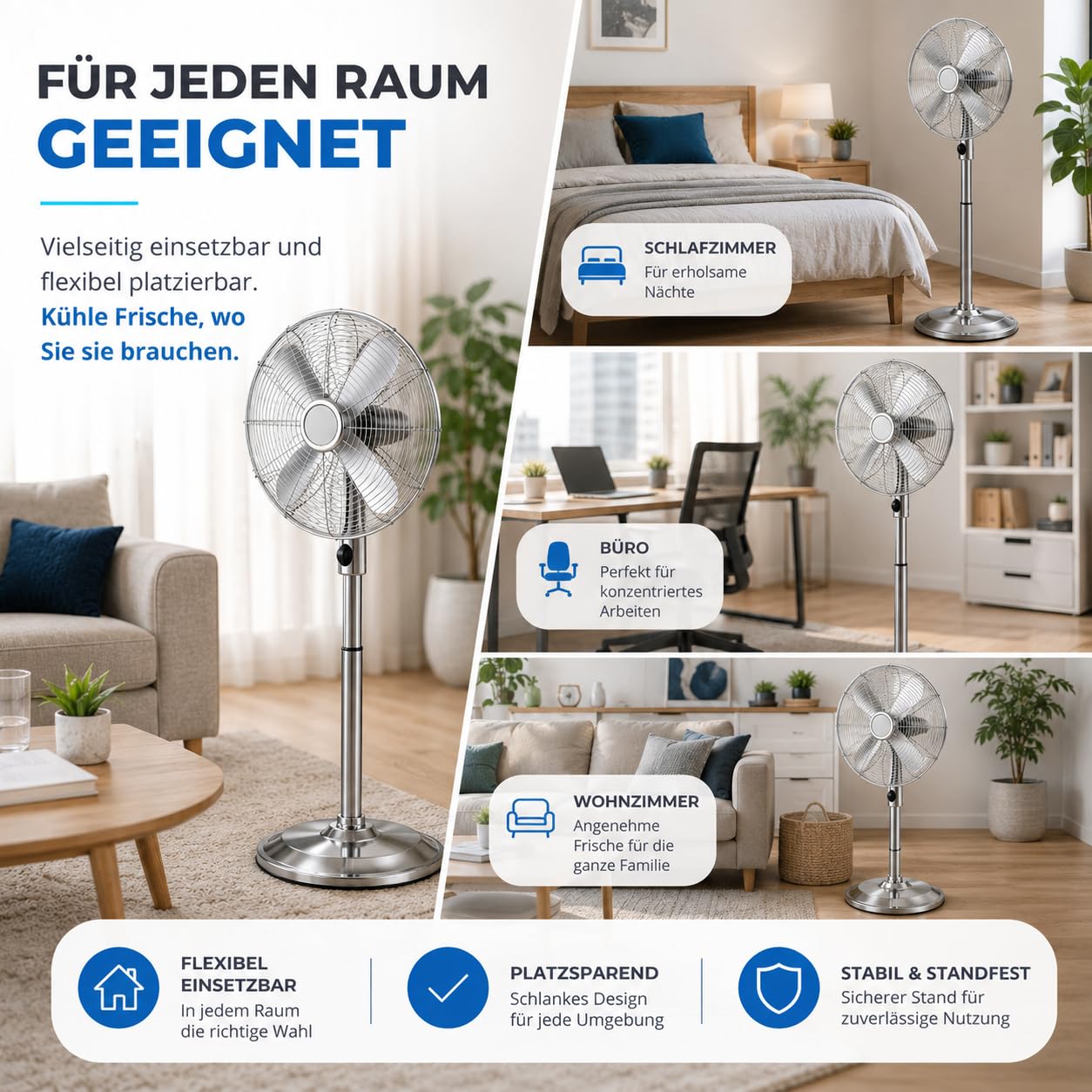TK Gruppe Timo Klingler Design Ø 45 cm Bodenventilator - Ventilator aus Metall - Standventilator mit Leistungstufen - 3 Modi Windmaschine extra leise (Standventilator Ø 45 cm)
