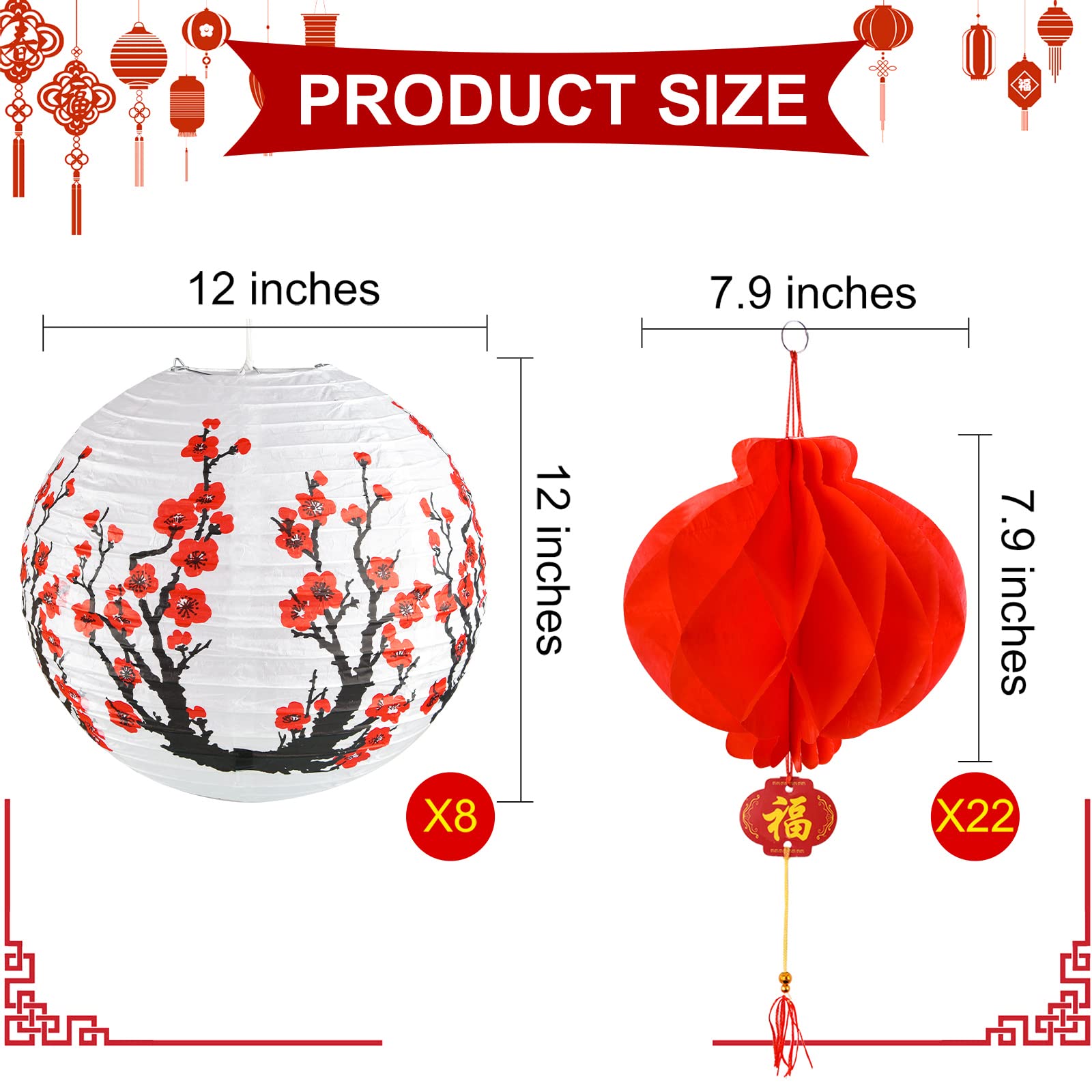 30 Pack Chinese Japanese Paper Lanterns Decoration with 12 Inch Cherry Blossom Hanging Paper Lanterns Lamp 7.9 Inch Chinese Red Round Asian Sakura Party Favor for Spring Festival New Year Mid-Autumn