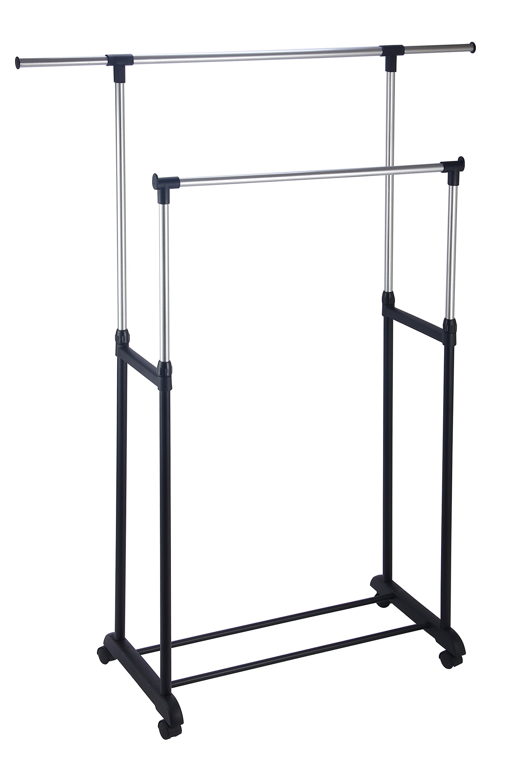 King Home wysuwany podwójny wieszak na ubrania z kółkami rozmiar: 82,5/125 x 42,5 x 97/170 H, czarny, wielokolorowy, plastikowy