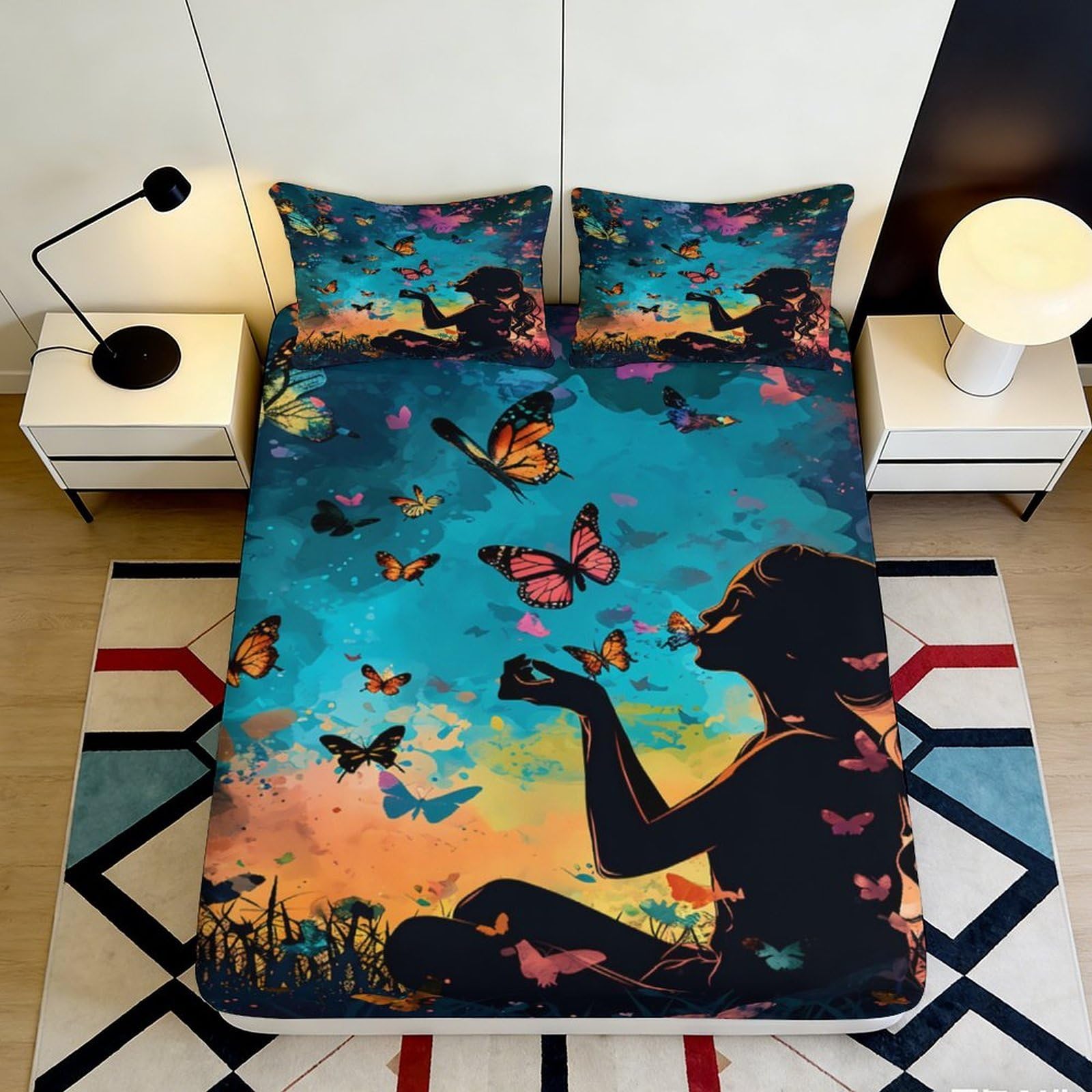 3D Printed Sunset Silhouette Fitted Sheet Microfiber Butterfly Dream Mattress Cover for Bedroom Decor Machine Washable 90x200x25cm