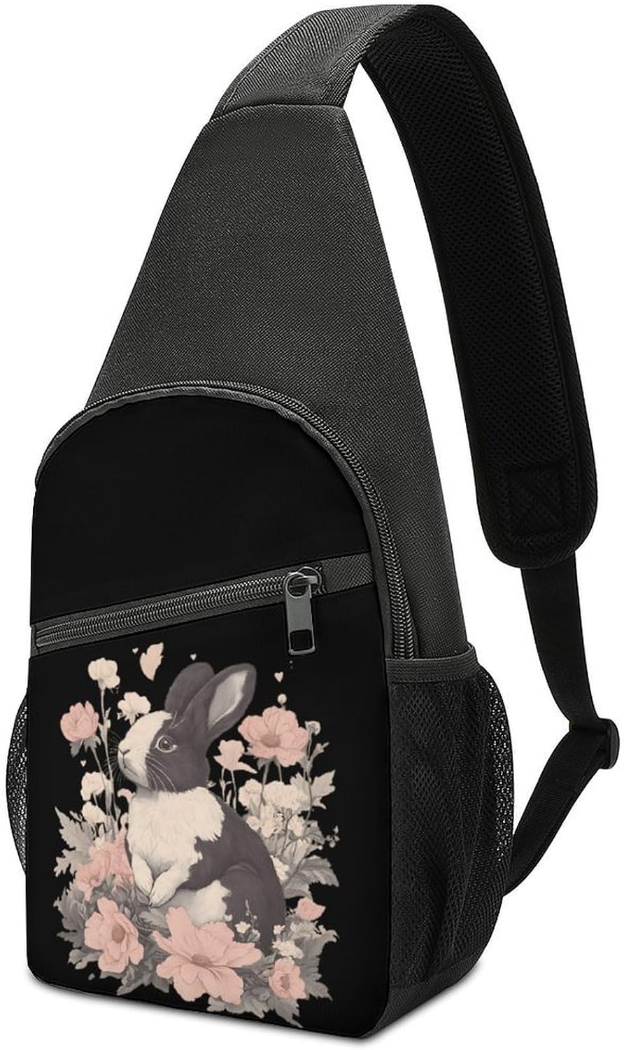 Rabbits And Hibiscus Flowers Crossbody Sling Backpack Chest Bag Daypack | unisex,trendy,with convertible and detachable shoulder strap,side pockets