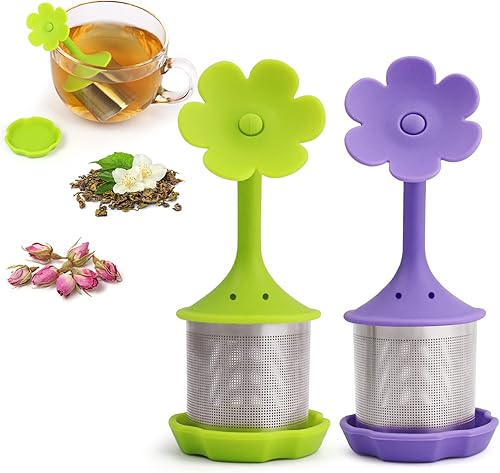Paquete de 2 infusores de té de silicona para té suelto, té de silicona con flores, malla fina, filtro de té suelto con tapa de silicona, filtro de
