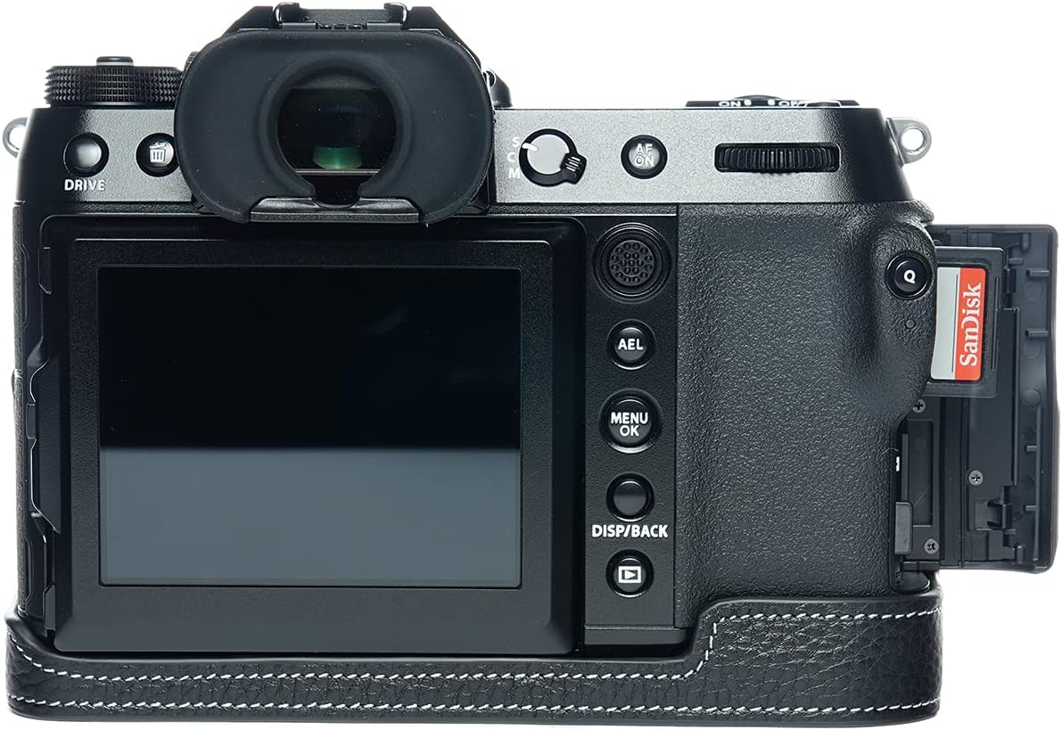 GFX 100S Camera Case, BolinUS Handmade Genuine Real Leather Half Camera Case Bag Cover for Fujifilm Fuji GFX 100S Camera Bottom Opening Version + Hand Strap (Black)