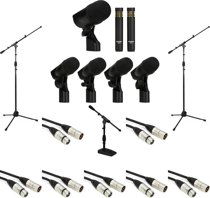 Paquete de conjunto de micrófono de tambor DM-7, incluye kit de micrófono de tambor de 7 piezas con soportes de micrófono ajustables, cables XLR y estuche de transporte para grabación de estudio y actuaciones en vivo