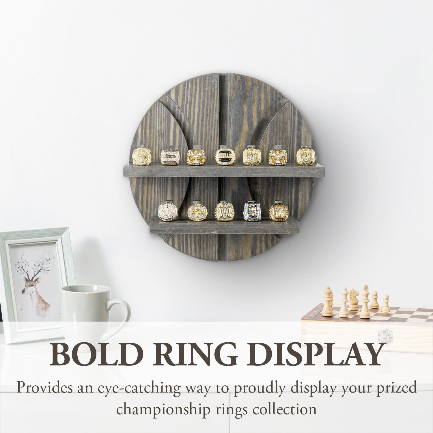 MyGift 2 Tier Wall Mounted Rustic Burnt Solid Wood Sports Championship Ring Holder with Basketball Cutout Backing, Jewelry Storage Display with 12 Pegs (Vintage Gray)