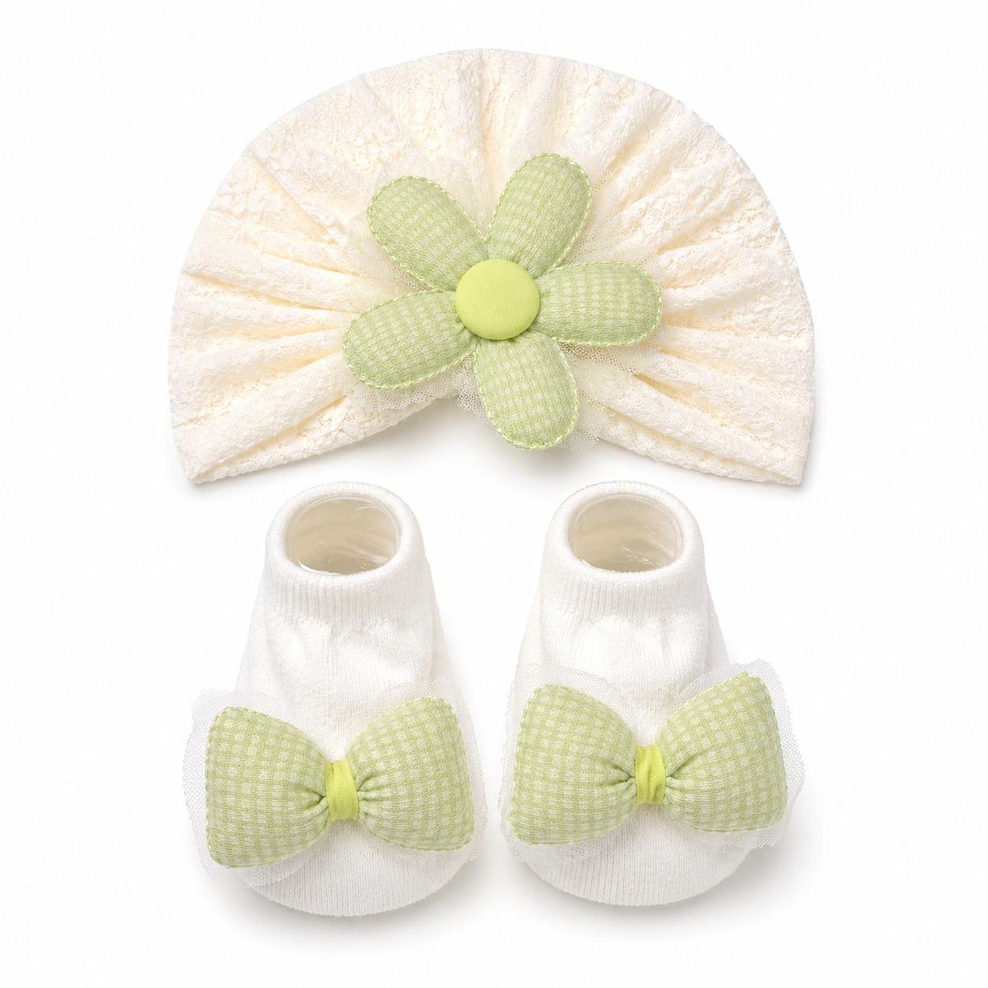 Hi Mom Baby Turban Cap and Socks Set for Newborn Girls Soft Cotton Floral Headwrap with Matching Bow Socks Infant Cap Set Baby Gift for 0-6 Months-image-15