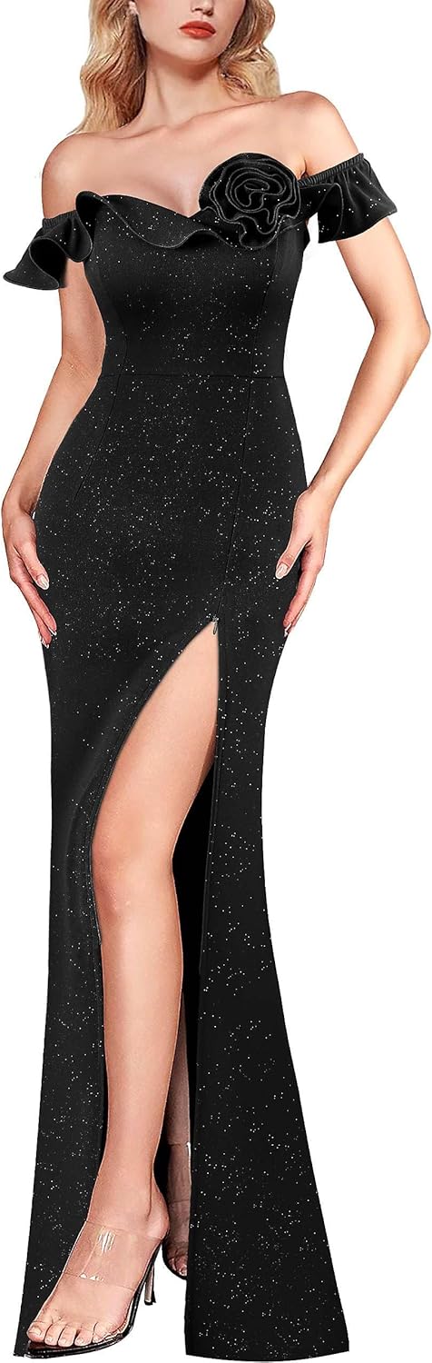 VFSHOW Womens Formal Prom Ruffle Off The Shoulder 3D Flower High Slit Maxi Dress Evening Gown