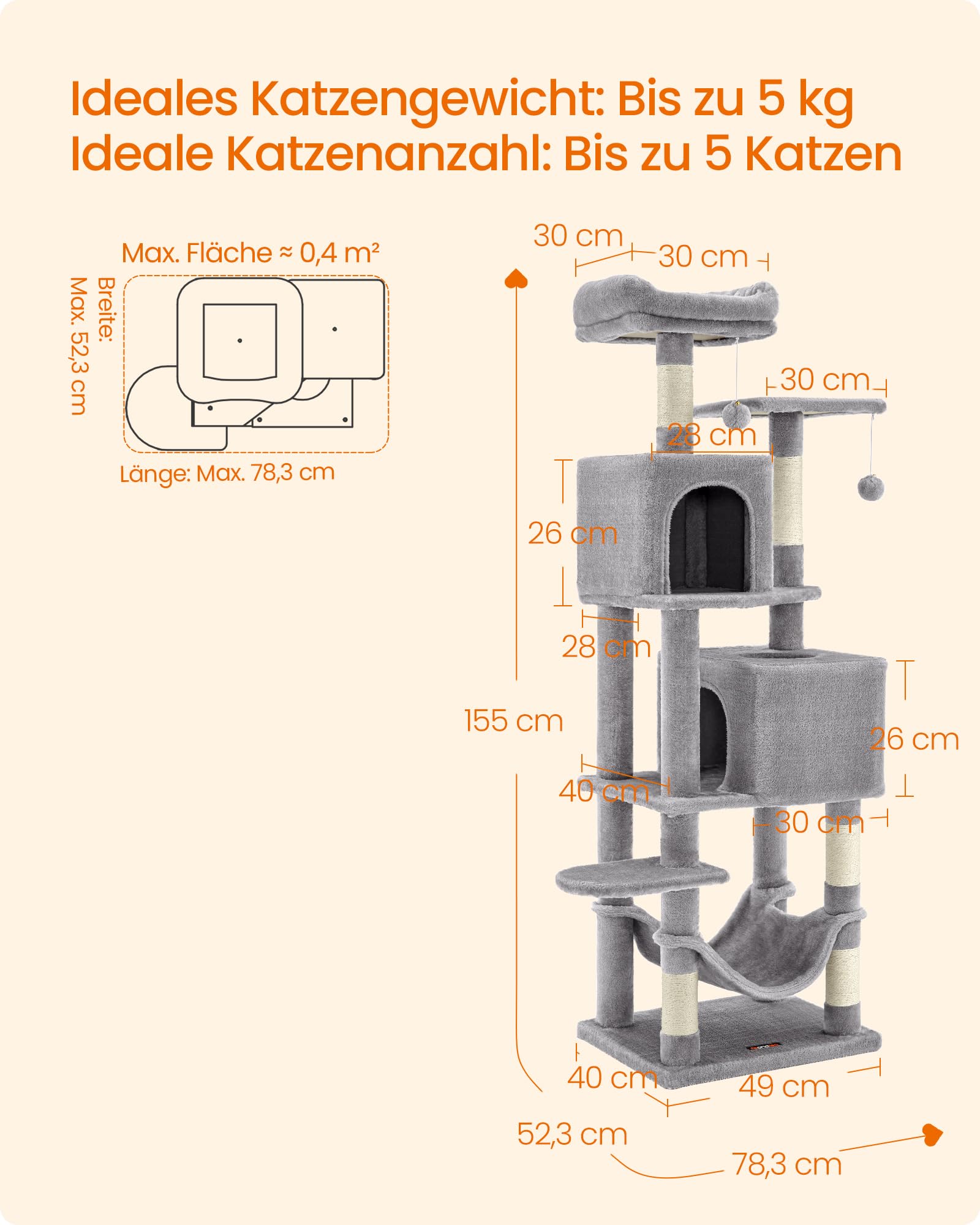 Feandrea Kratzbaum, 155 cm hoch, Katzenbaum mit 5 Kratzsäulen, 2 Plattformen, 2 Katzenhöhlen, Hängematte, 2 Plüschbälle, Plüsch, mehrstöckiges Design, hellgrau PCT192W01