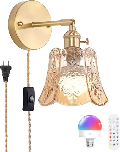 Miniatura 15 de Juego de 2 apliques de pared vintage con pantalla de vidrio a rayas ámbar, apliques de latón ajustables de 180 grados, con cable de iluminación,