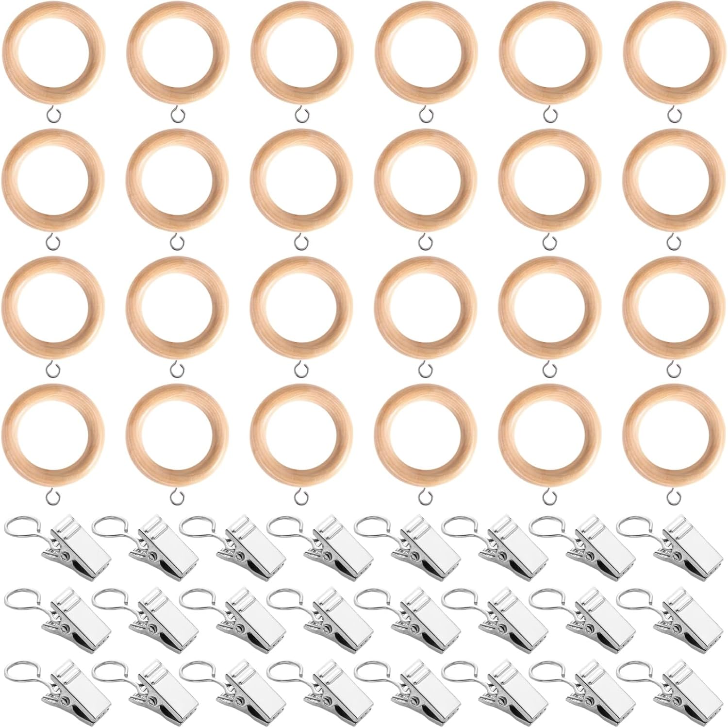 24 Pcs Wooden Curtain Rings, Curtain Rod Rings with Hooks, Black Walnut, 1.7 Inch Inner (Burlywood)