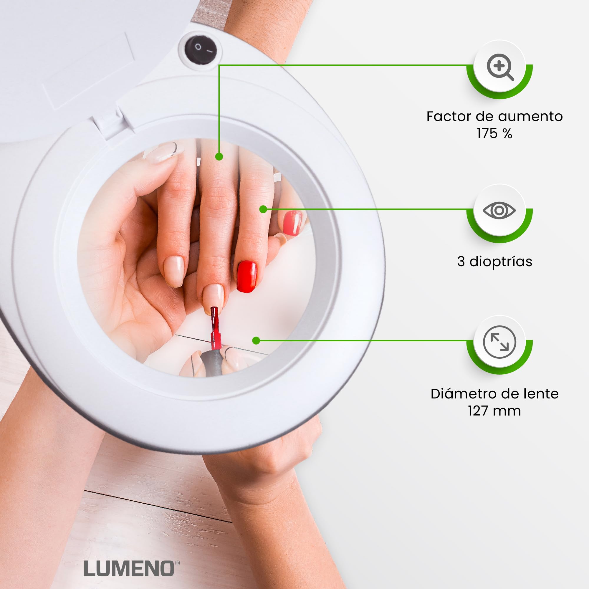 Lumeno Lámpara de aumento LED 7213GN, lente de cristal de 127 mm, lámpara trabajo, lámpara cosmética, adecuada para cosméticos, aficionados, ayuda a la lectura, 3 dioptrías verde con trípode rodante