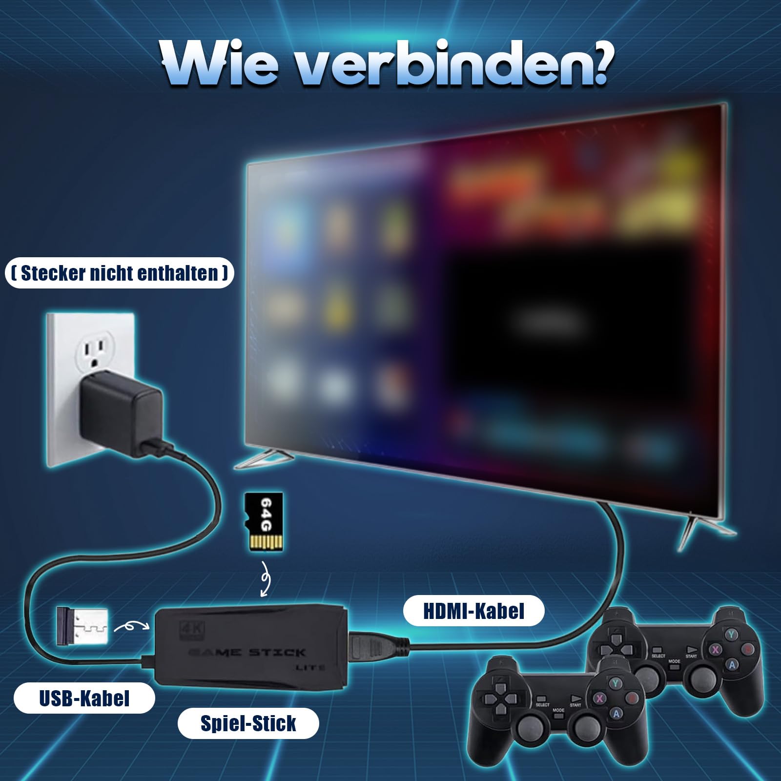 M8 64G Retro Konsole Retrolink 20000+ Spielen zwei kabellose Controller,4K Retro spielekonsole HDMI Plug and Play Wireless Game Stick für TV