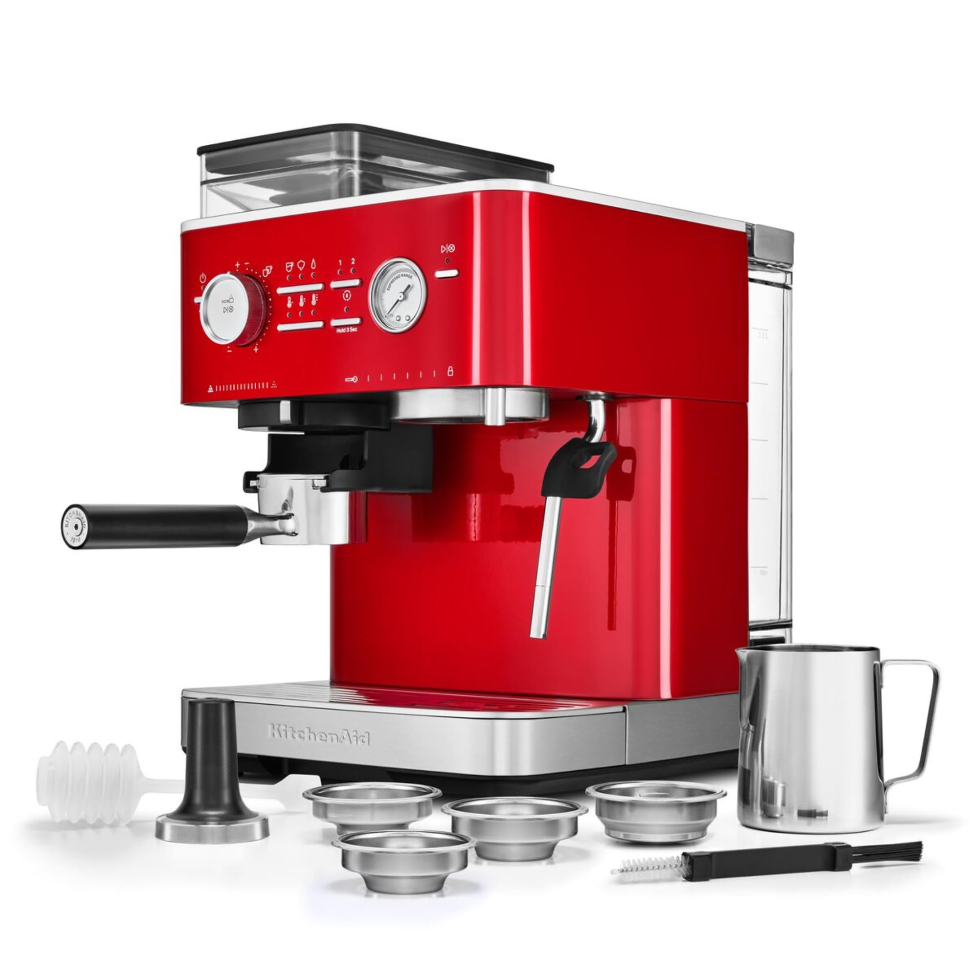 KitchenAid Ekspres do kawy ziarnistej - półautomatyczny ekspres do espresso i cappuccino z wbudowanym stożkowym młynkiem do kawy, dzbanek na mleko 355 ml, jabłko miłości