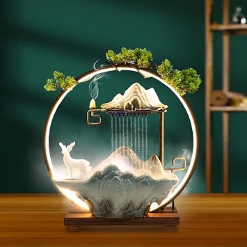 Ceramic Tabletop Water Fountain - Indoor Waterfall Fountain with Incense Holder, LED Light for Home Office Decoration