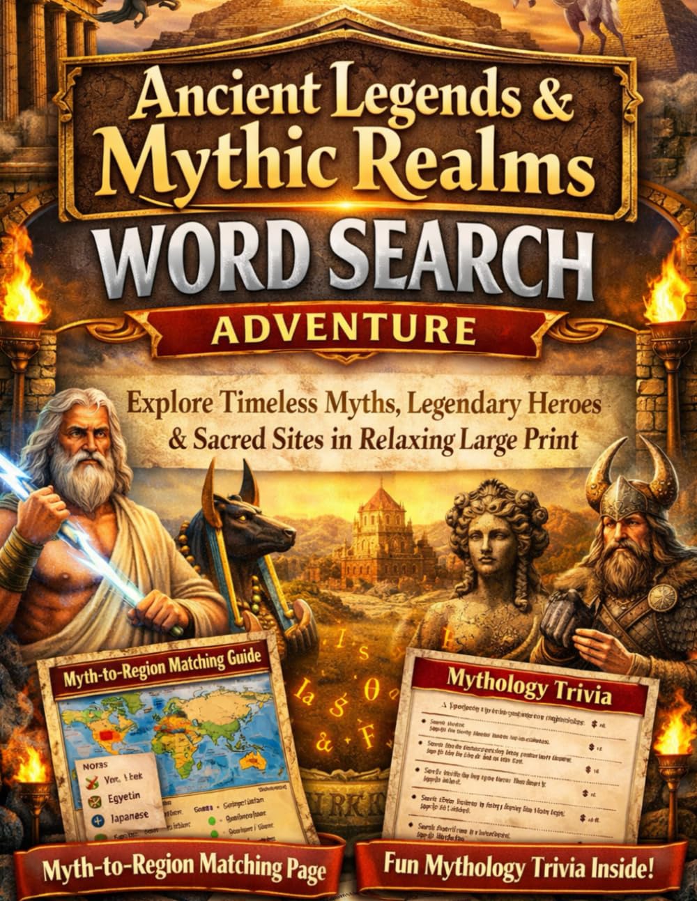 Ancient Legends & Mythic Realms Word Search Adventure: Explore Timeless Myths, Legendary Heroes & Sacred Sites in Relaxing Large Print